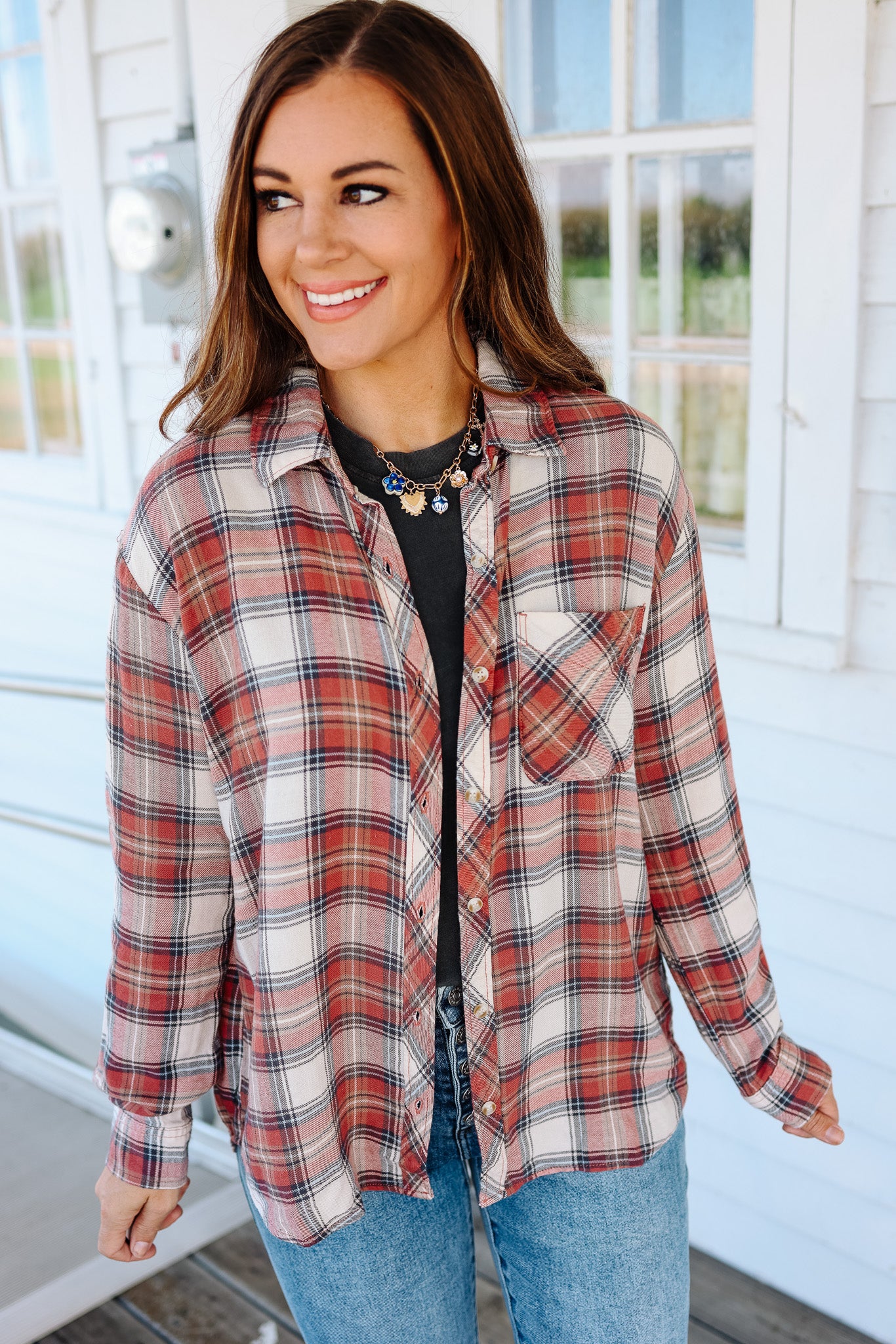 Kayla Classic Plaid Button Down - Rosewood