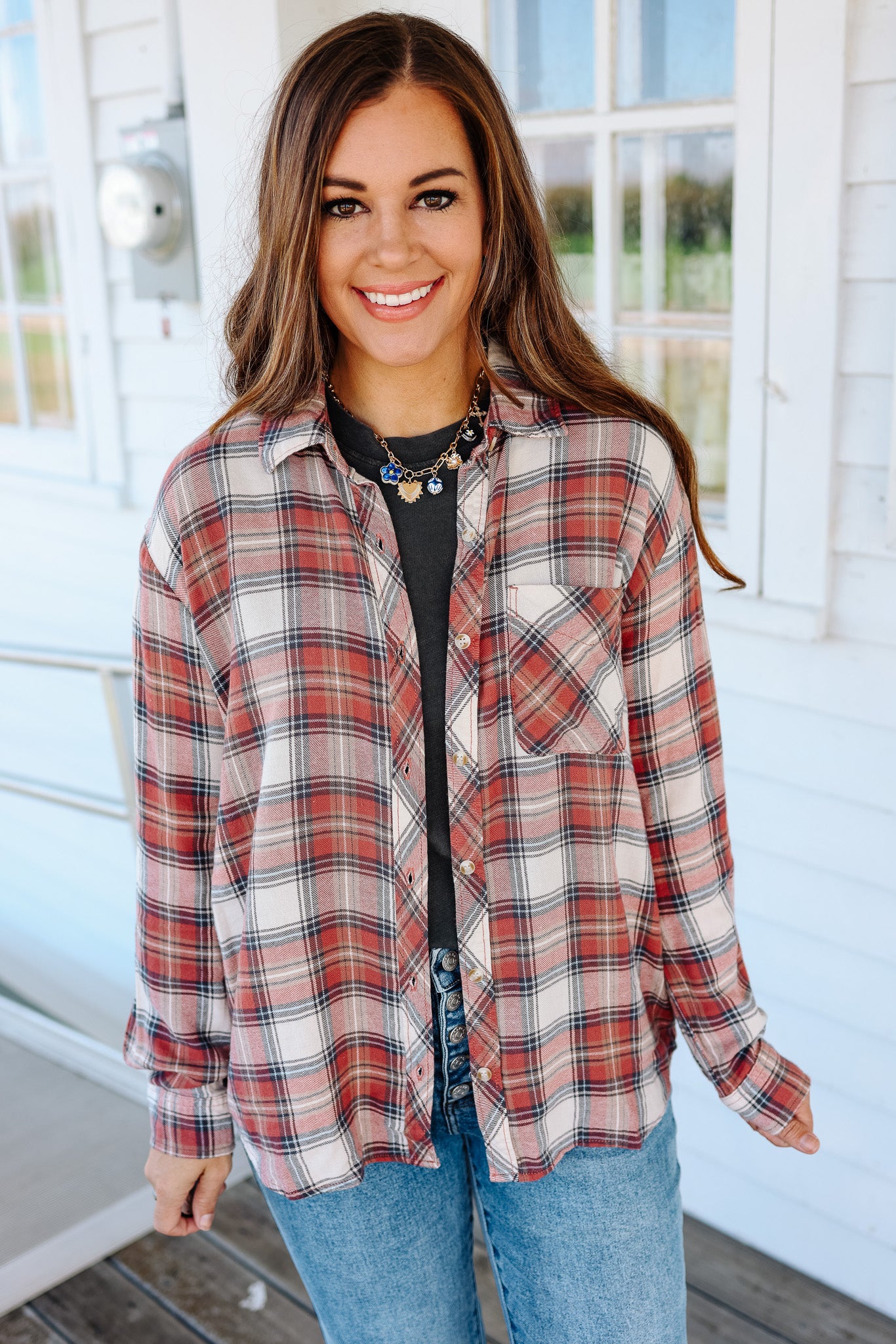 Kayla Classic Plaid Button Down - Rosewood