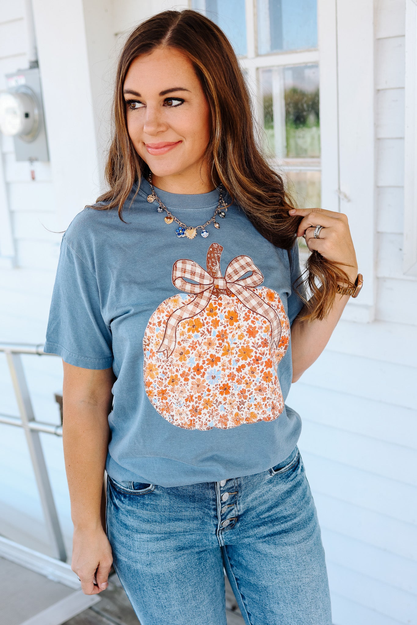 Floral Frenzy Pumpkin Graphic Tee - Blue Jean