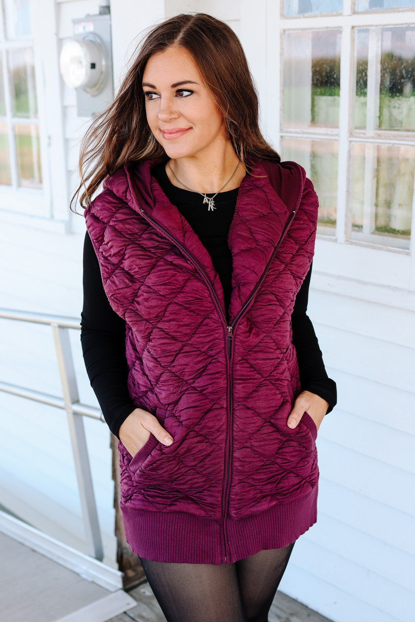 Stella Hooded Quilted Vest - Dark Plum
