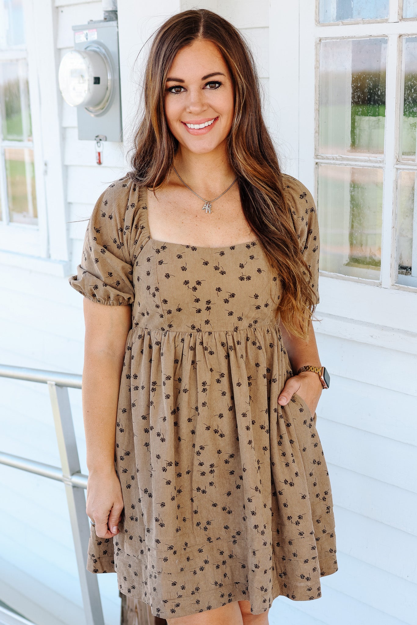 Lou Floral Corduroy Dress - Taupe