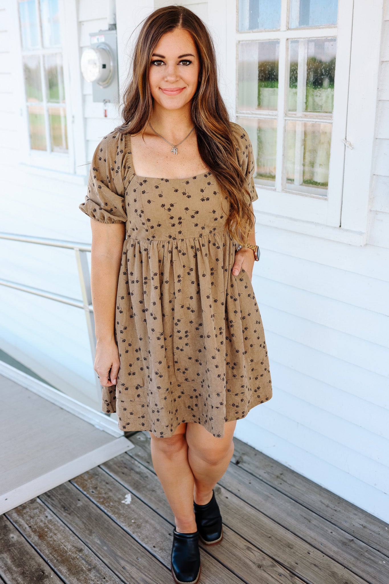 Lou Floral Corduroy Dress - Taupe