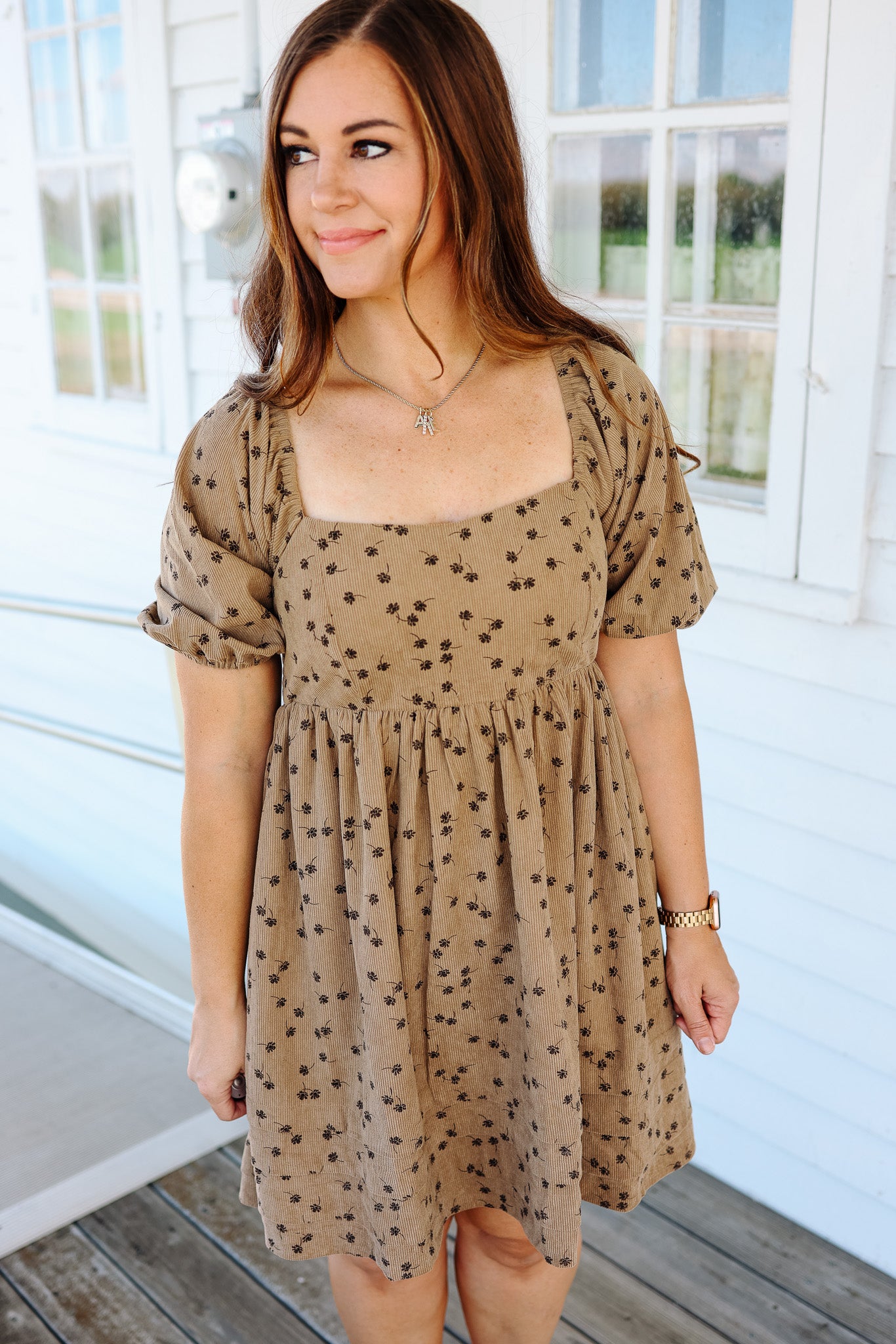 Lou Floral Corduroy Dress - Taupe