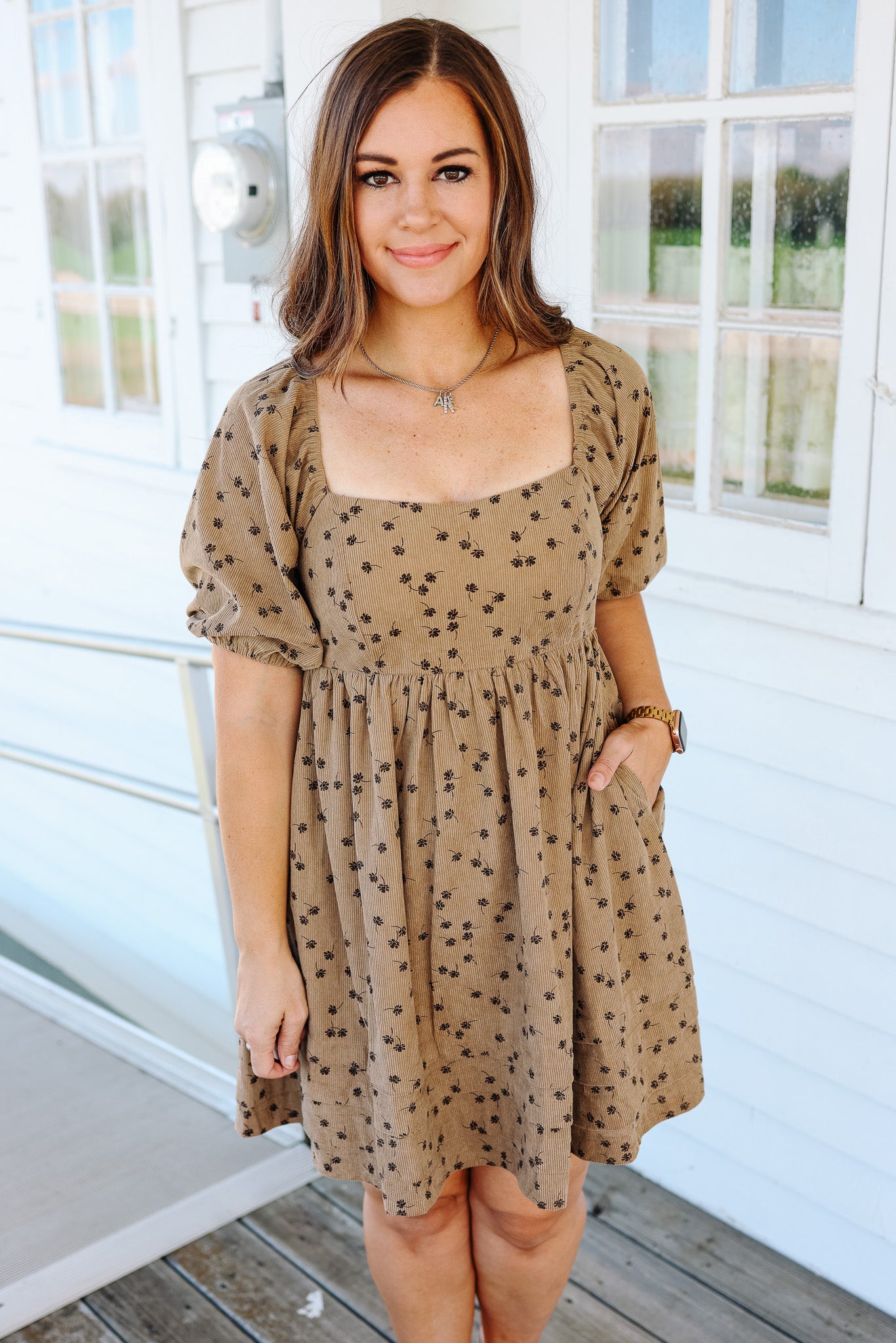 Lou Floral Corduroy Dress - Taupe