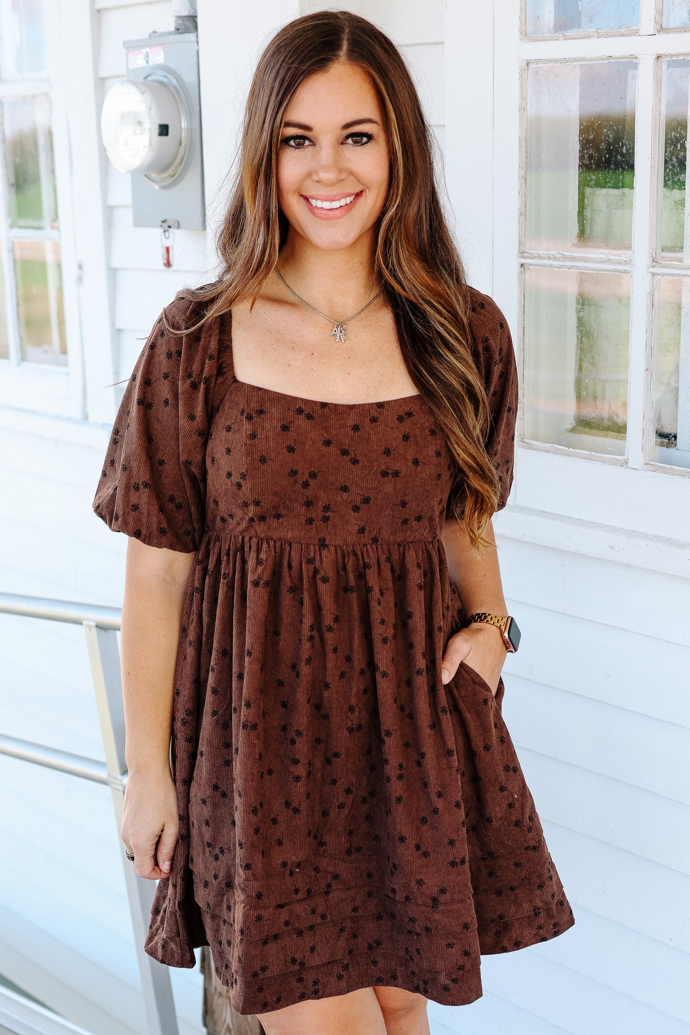 Lou Floral Corduroy Dress - Mocha