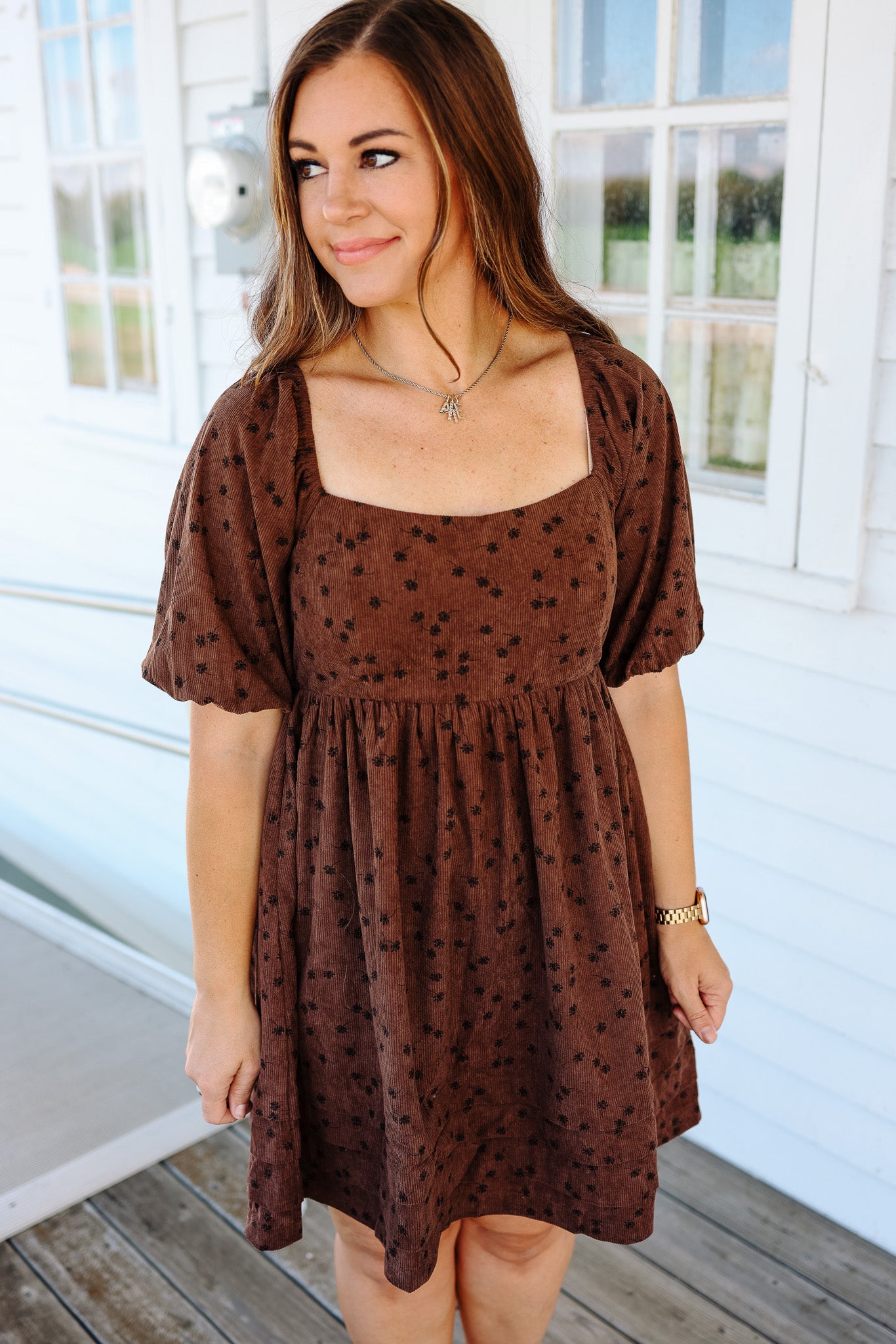 Lou Floral Corduroy Dress - Mocha