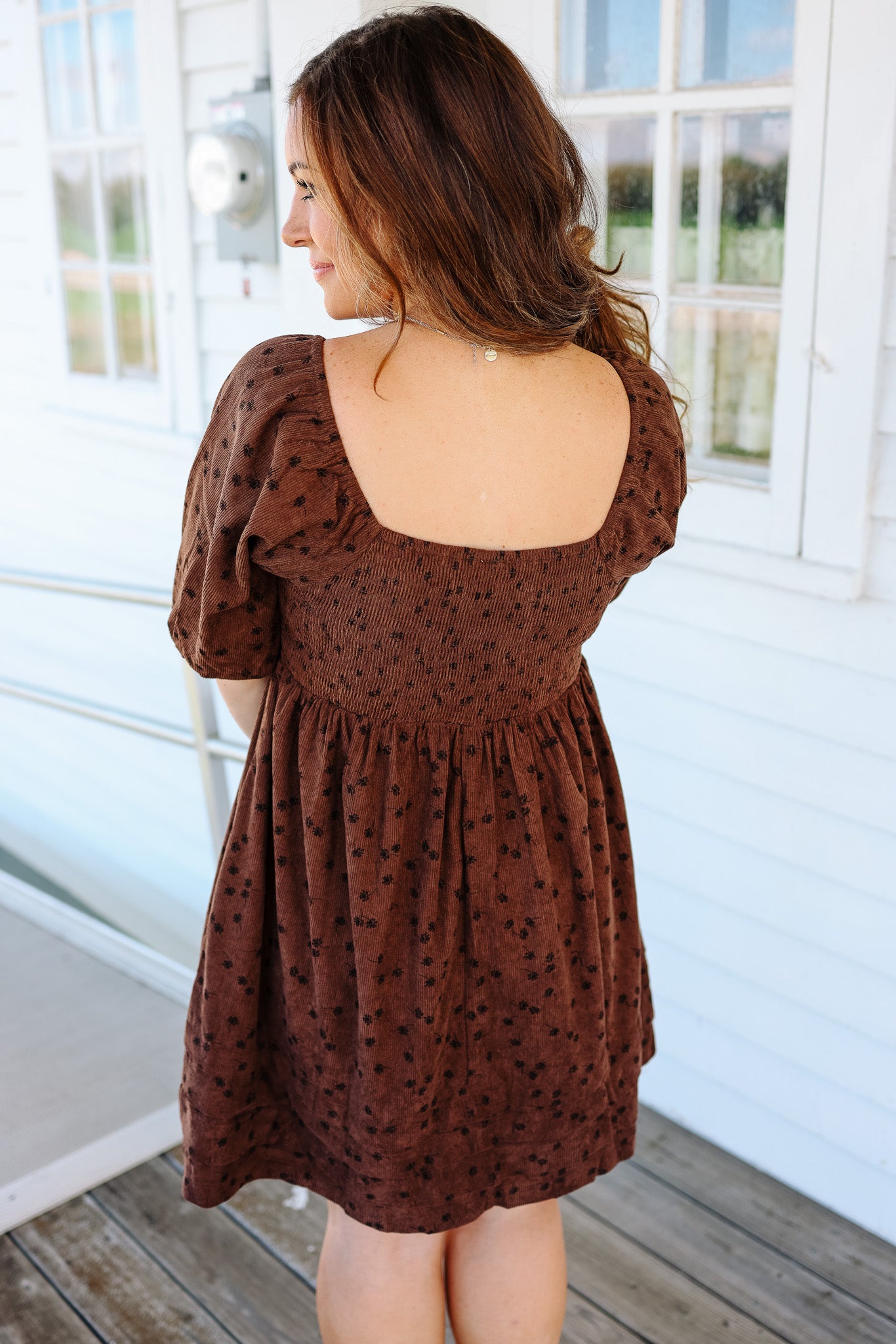 Lou Floral Corduroy Dress - Mocha