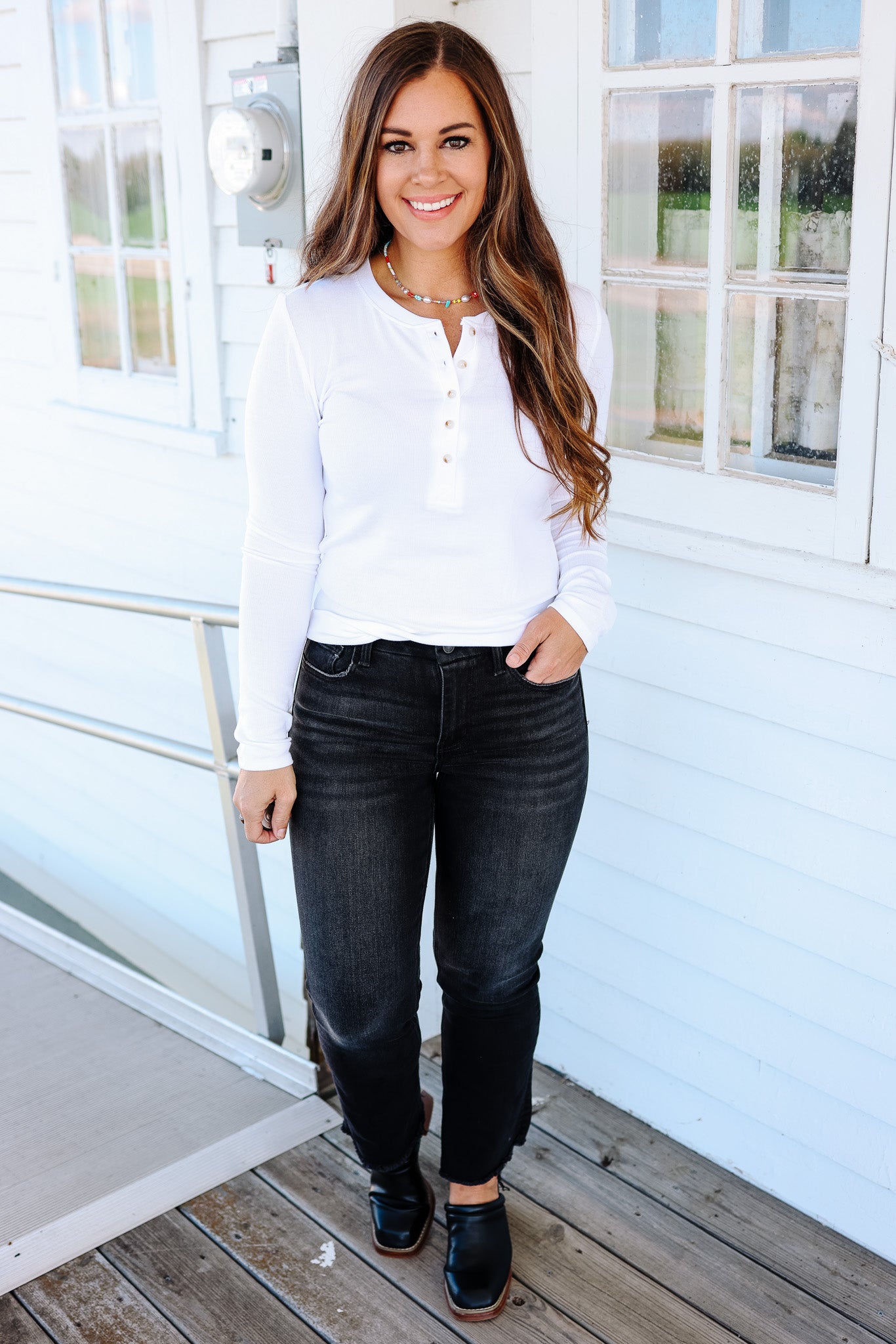 Payton Classic Ribbed Henley Top - Off White