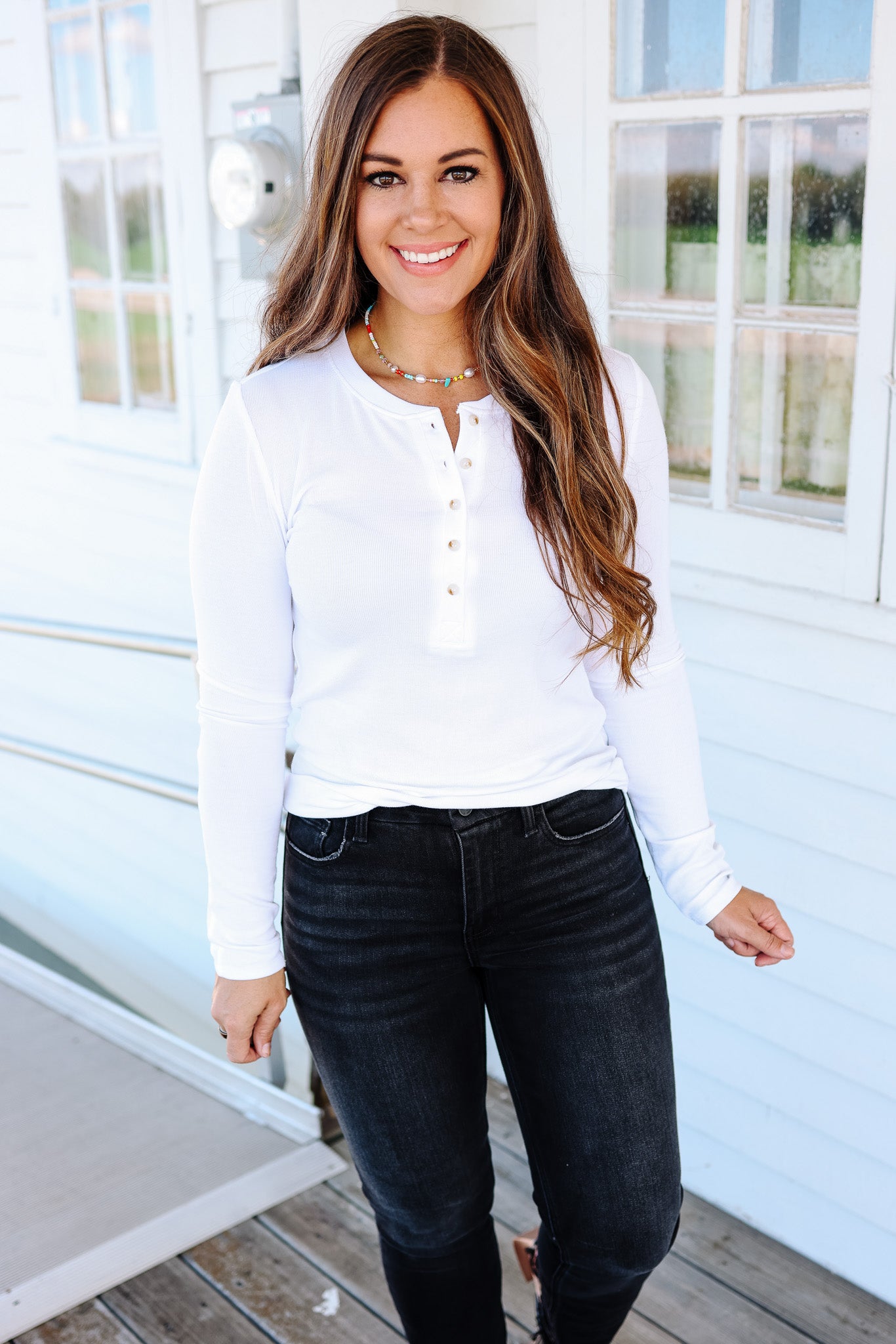 Payton Classic Ribbed Henley Top - Off White