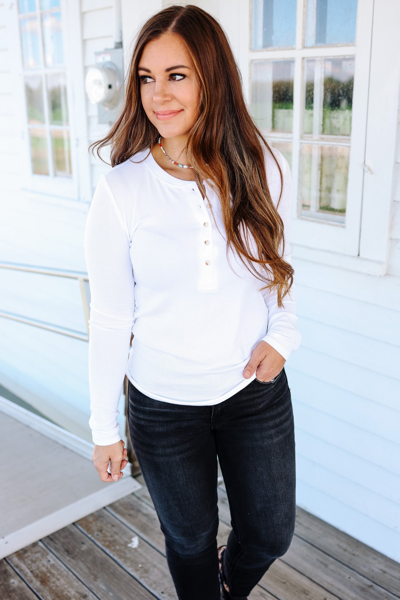 Payton Classic Ribbed Henley Top - Off White