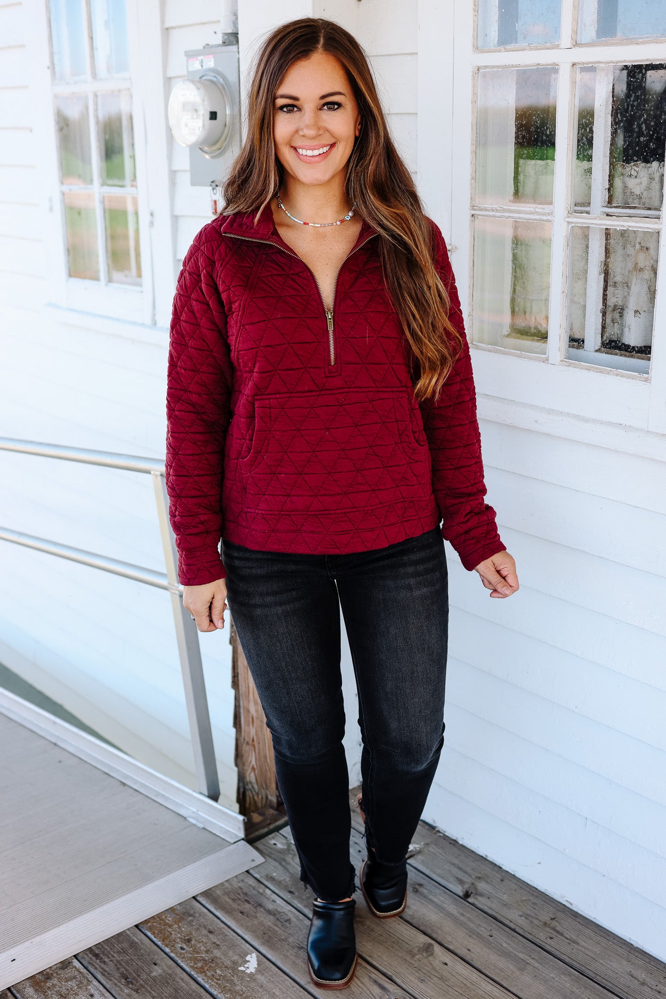 Quinn Half Zip Quilted Sweatshirt - Burgundy