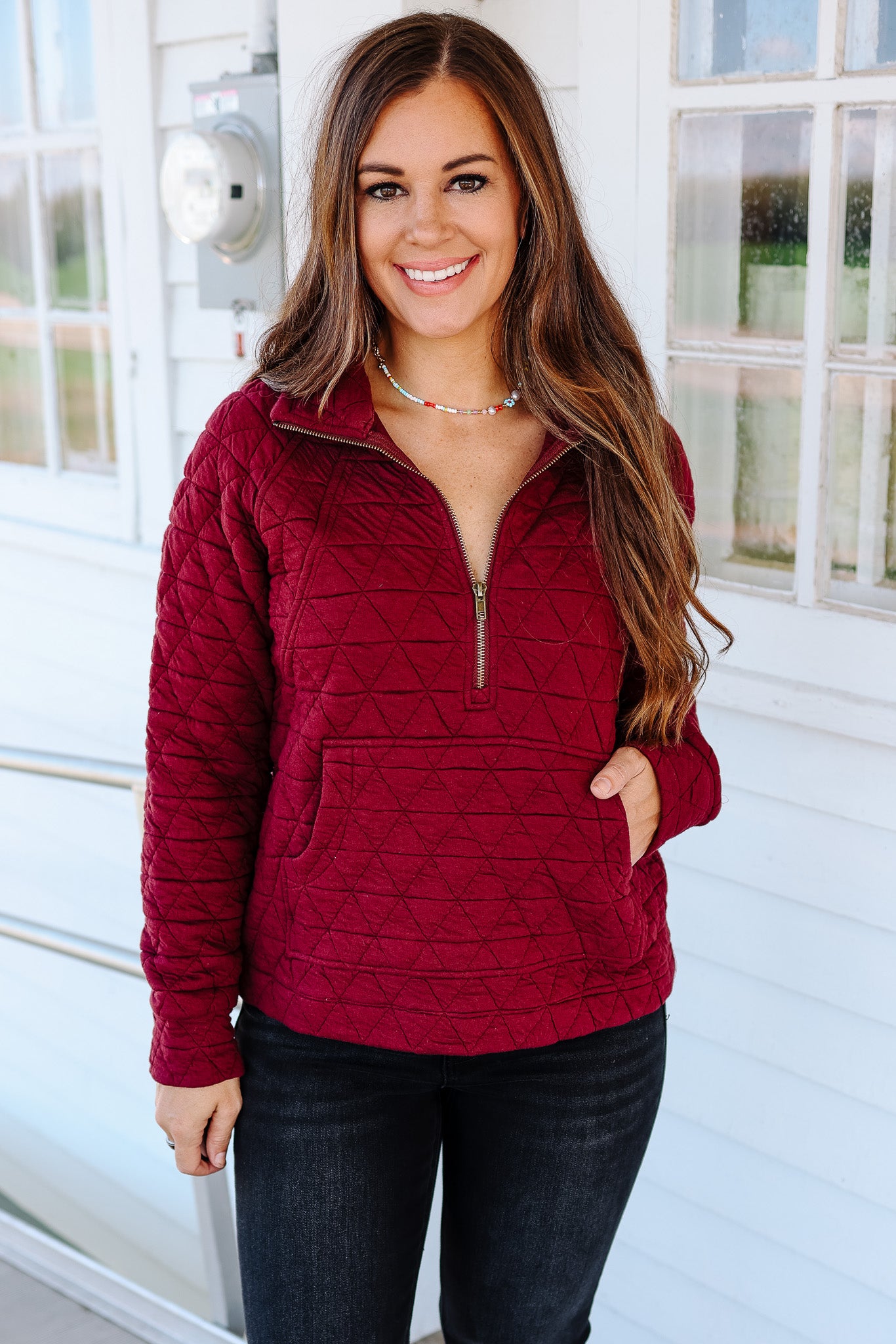 Quinn Half Zip Quilted Sweatshirt - Burgundy