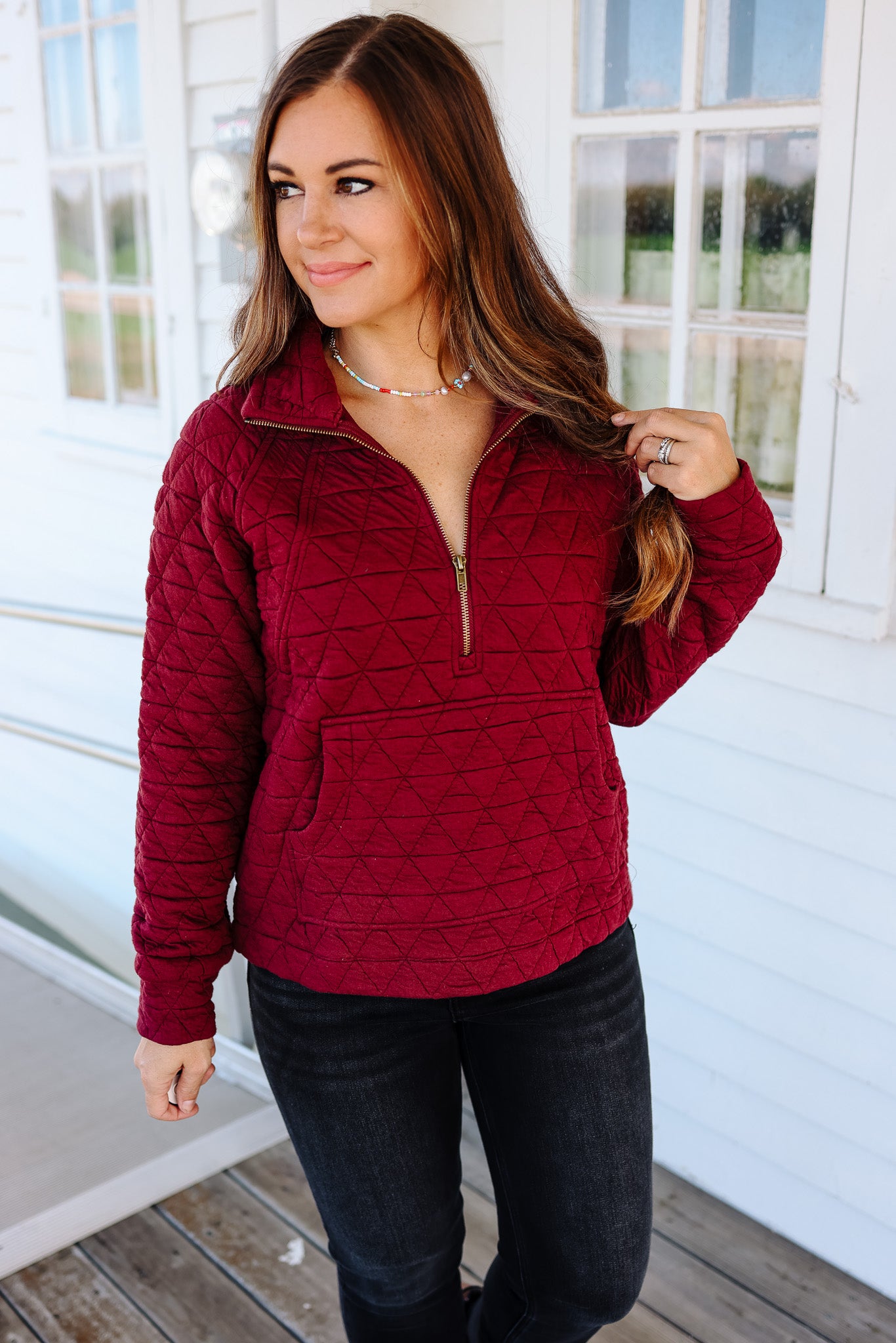 Quinn Half Zip Quilted Sweatshirt - Burgundy