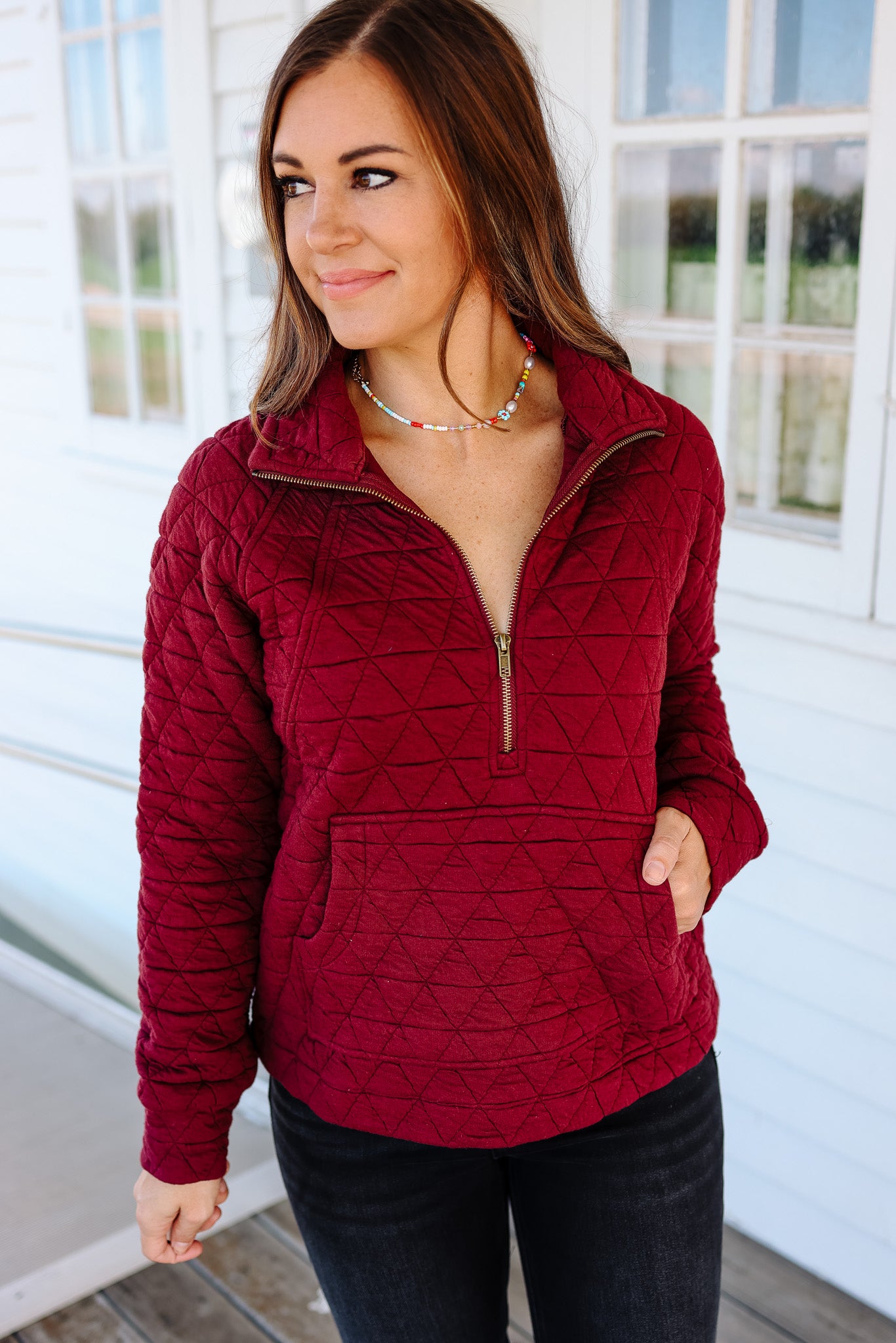 Quinn Half Zip Quilted Sweatshirt - Burgundy