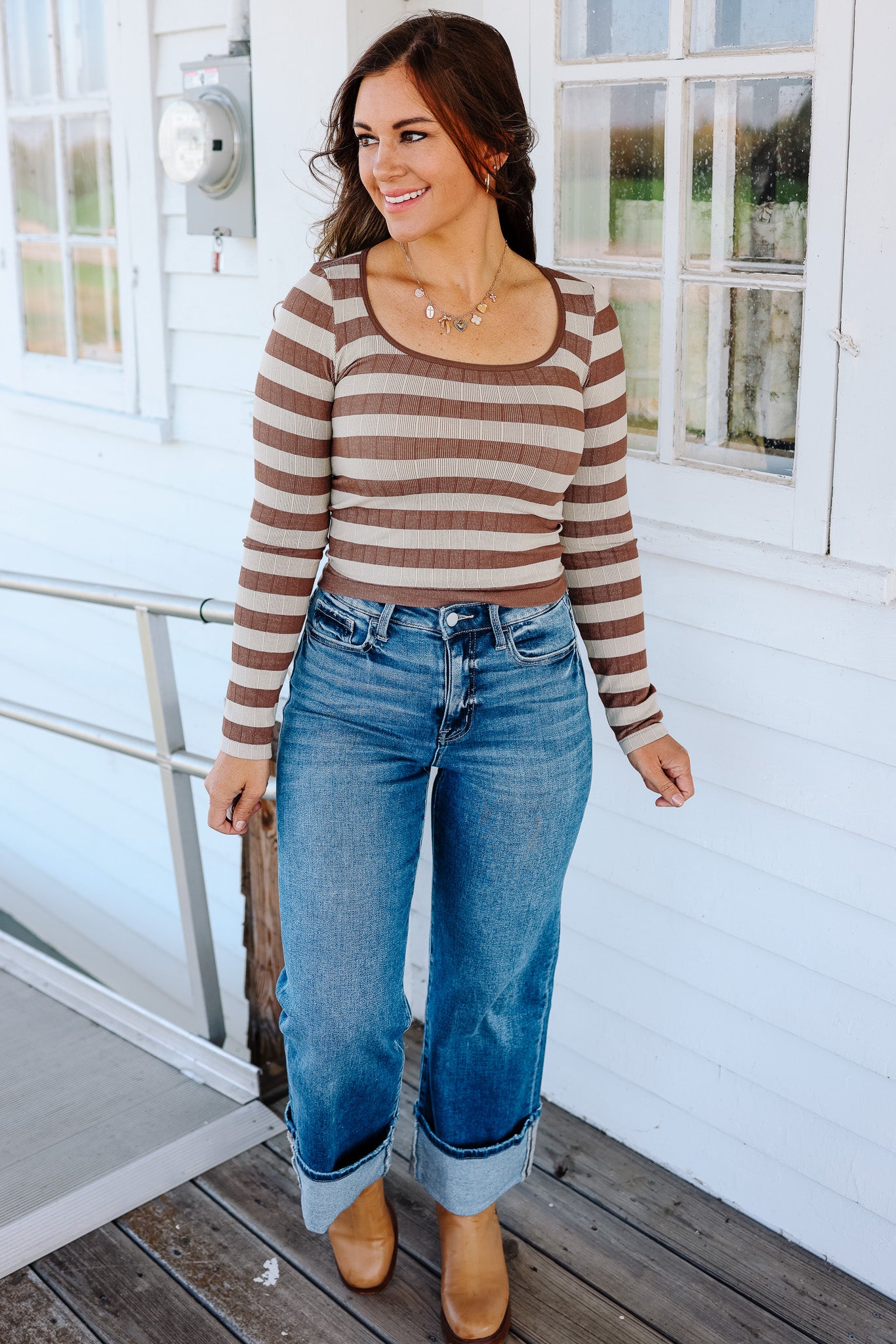 Tinx Seamless Stripe Top - Taupe/Ivory