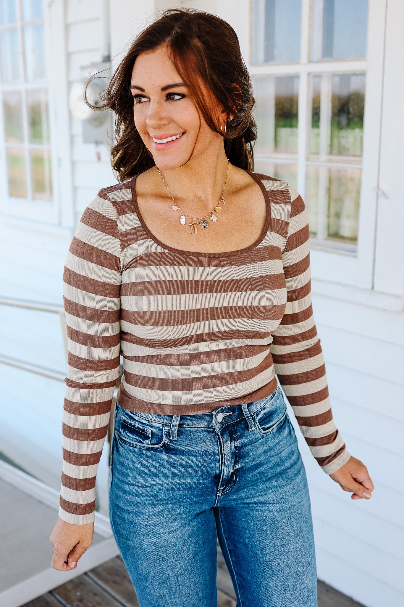 Tinx Seamless Stripe Top - Taupe/Ivory