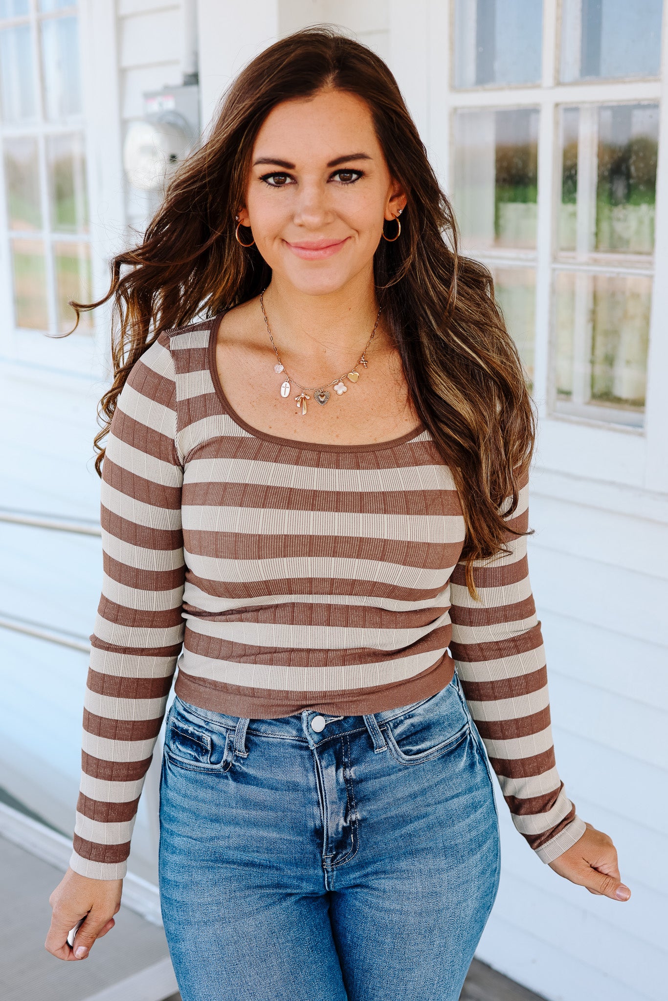 Tinx Seamless Stripe Top - Taupe/Ivory