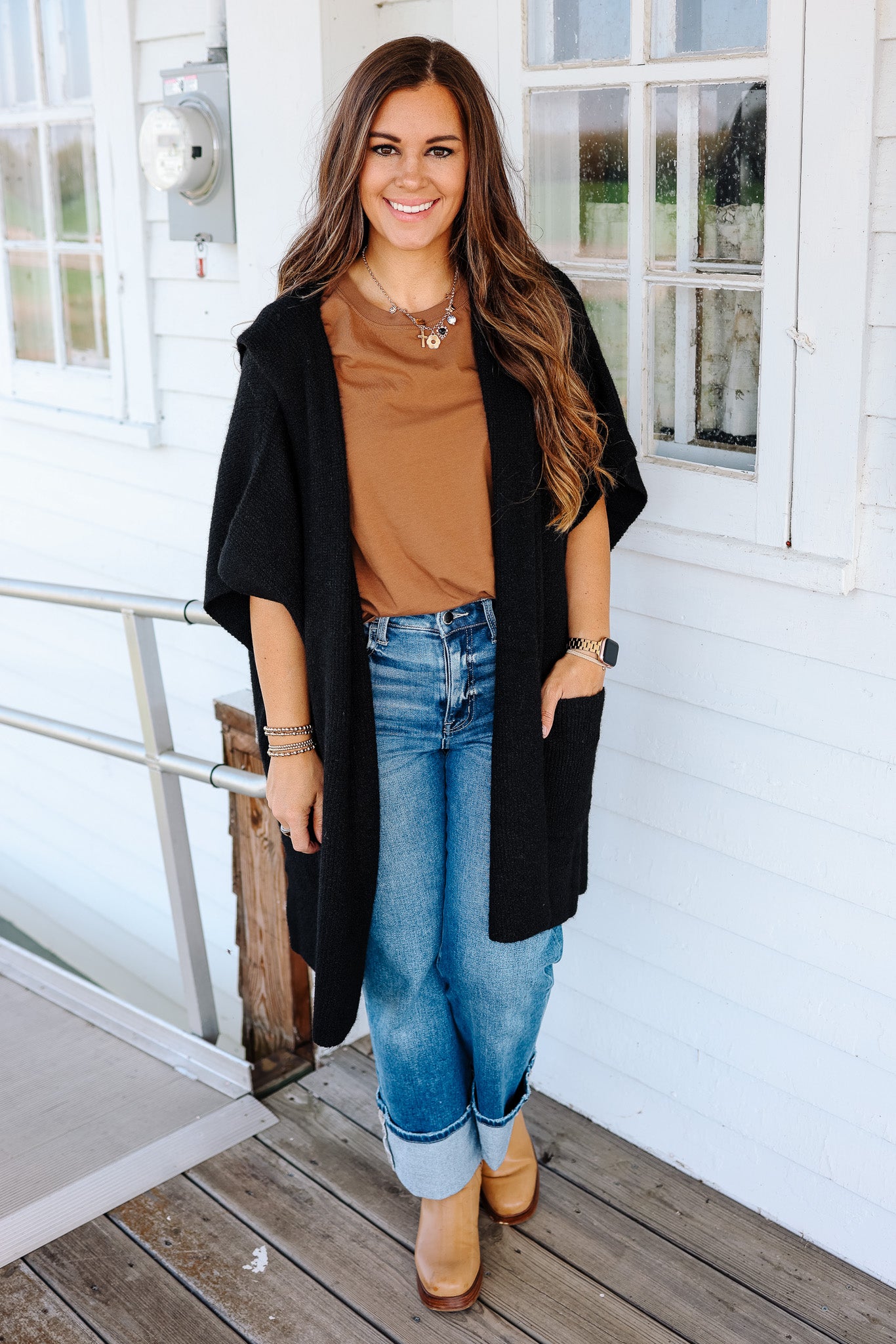 Tara Hooded Sweater Poncho - Black