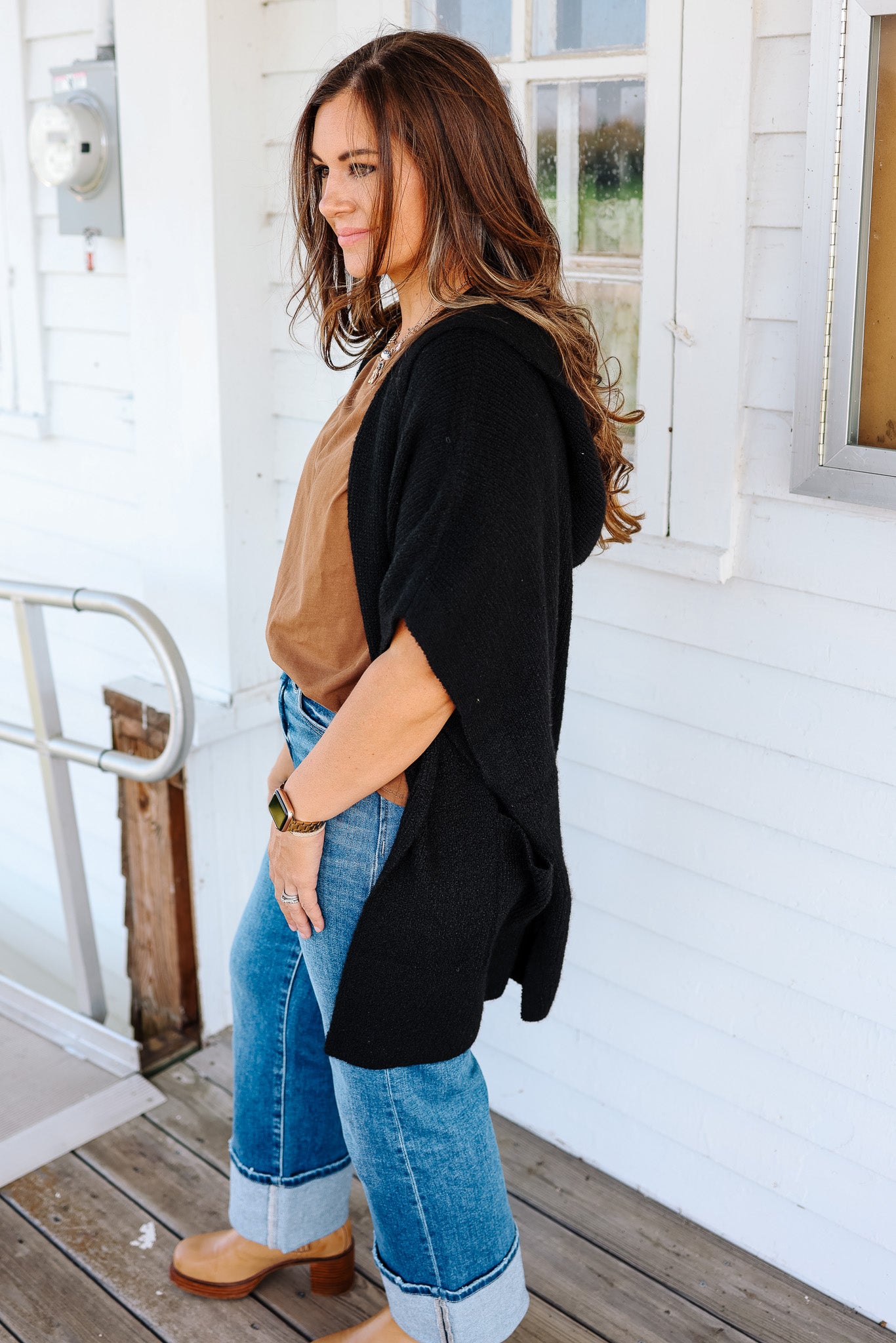 Tara Hooded Sweater Poncho - Black