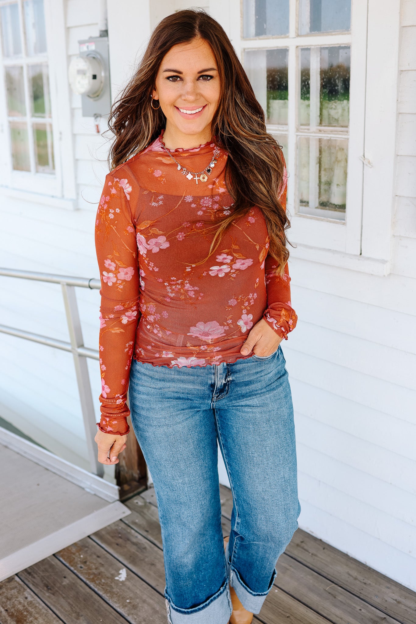 Hailey Floral Mesh Printed Top - Burnt Sienna