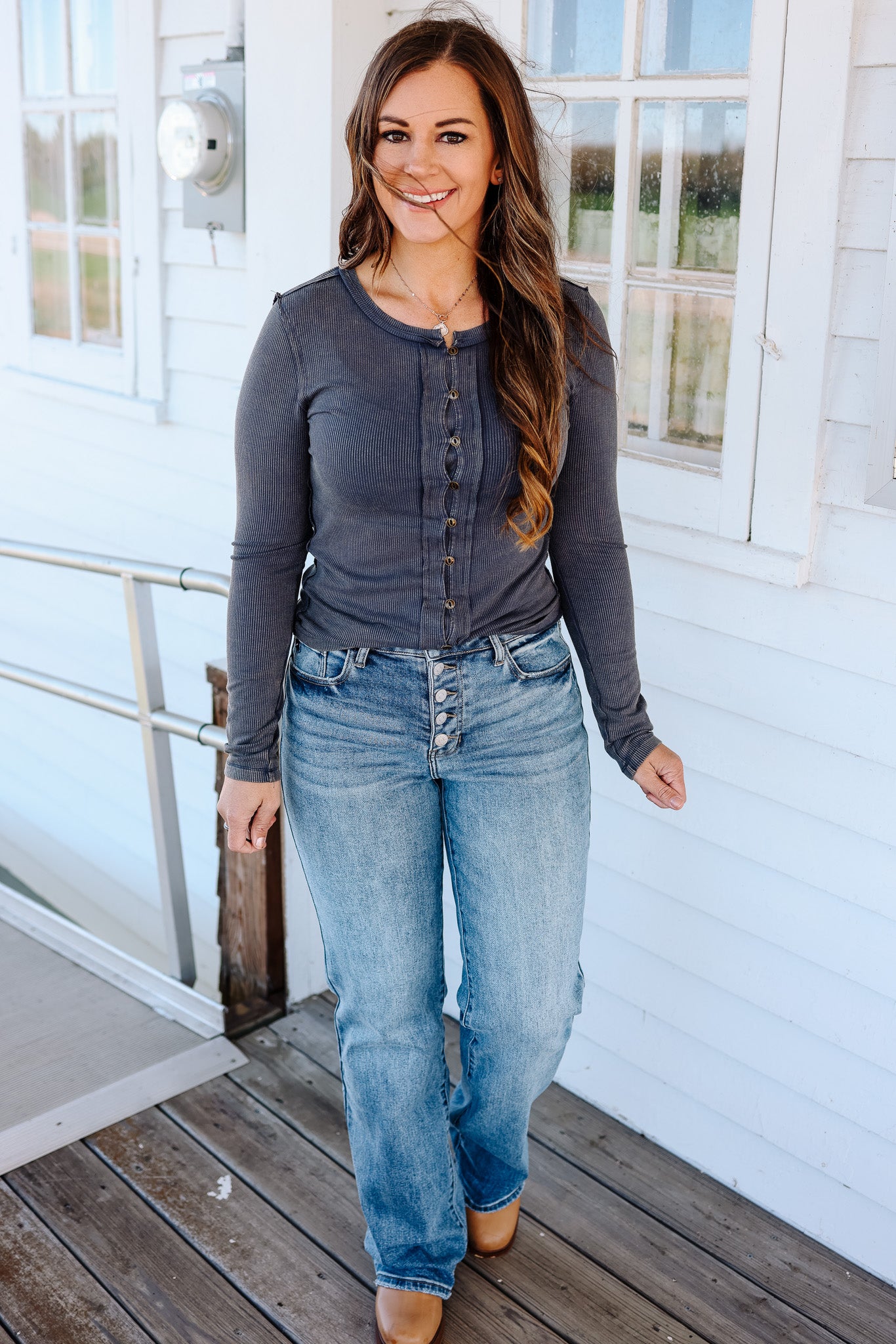 Cady Snow Wash Rib Long Sleeve - Teal