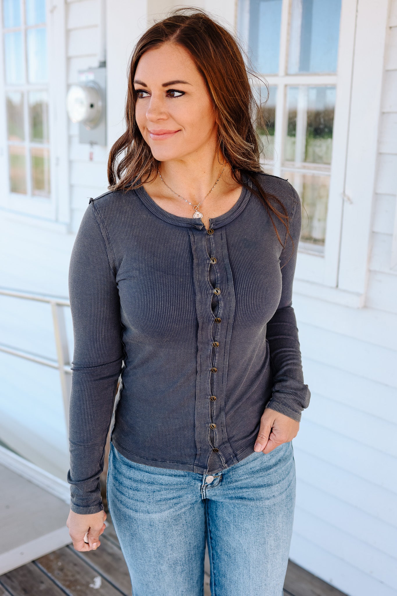 Cady Snow Wash Rib Long Sleeve - Teal