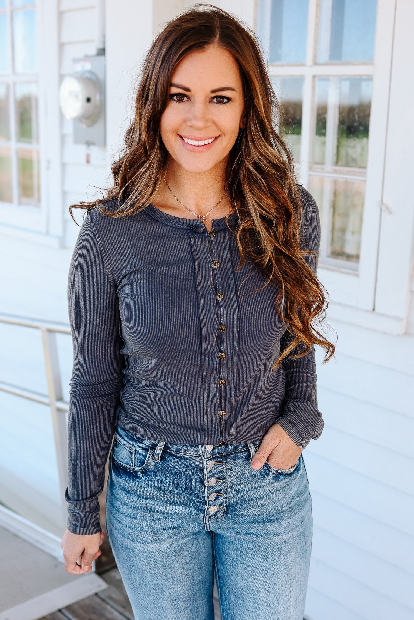 Cady Snow Wash Rib Long Sleeve - Teal