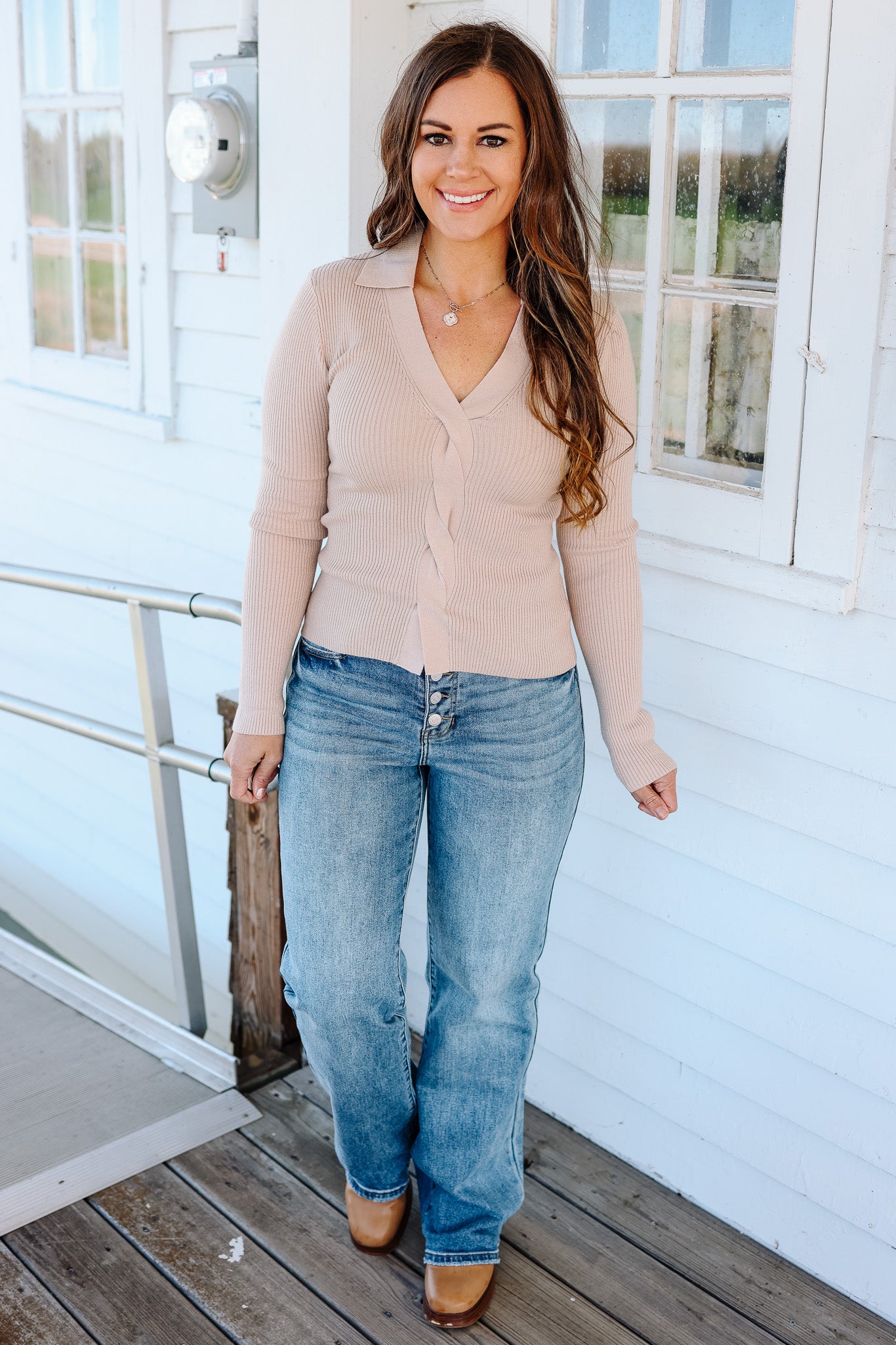 Tara Front Twist V Neck Sweater - Taupe