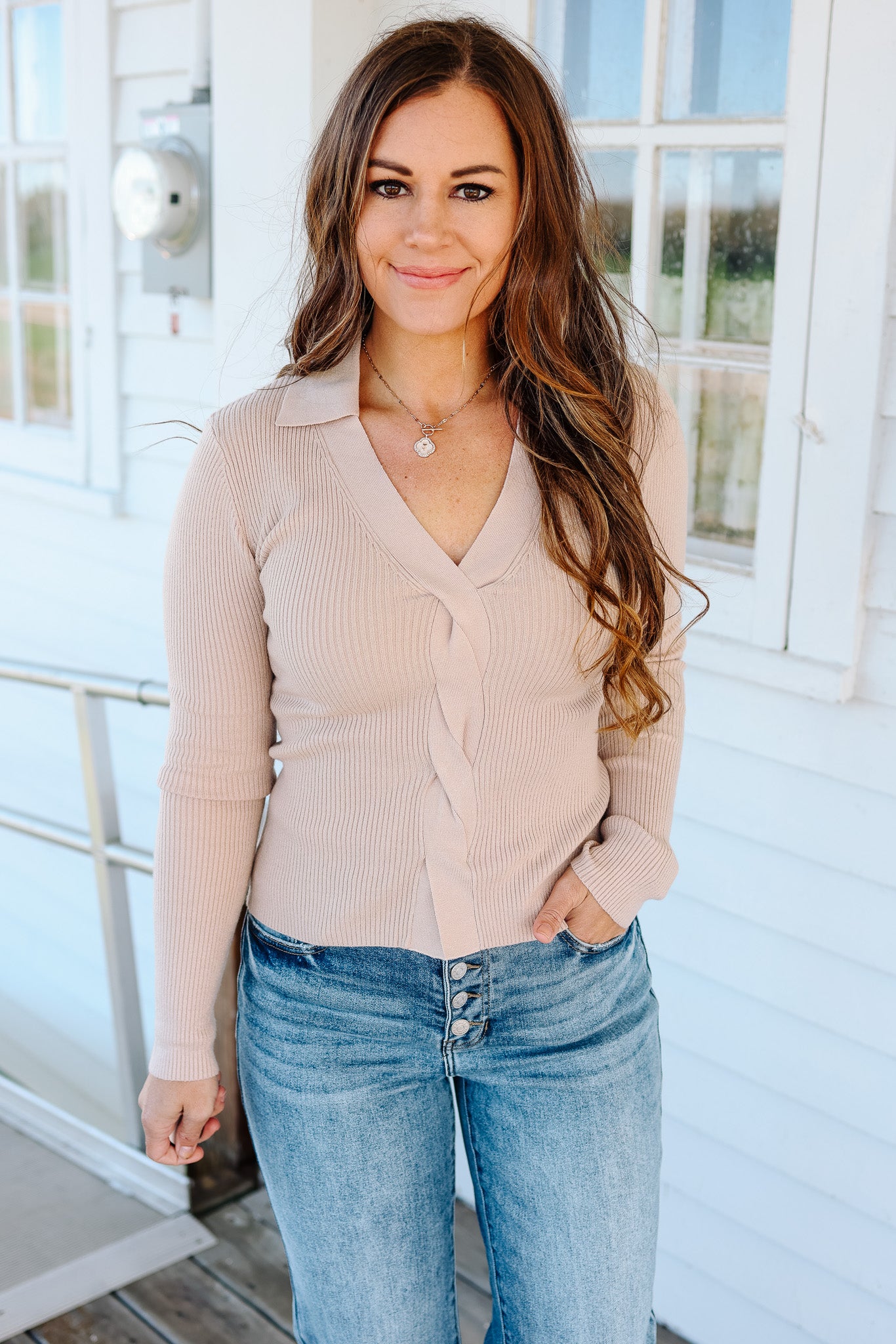 Tara Front Twist V Neck Sweater - Taupe