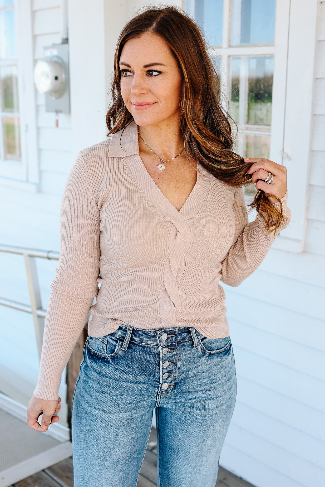 Tara Front Twist V Neck Sweater - Taupe