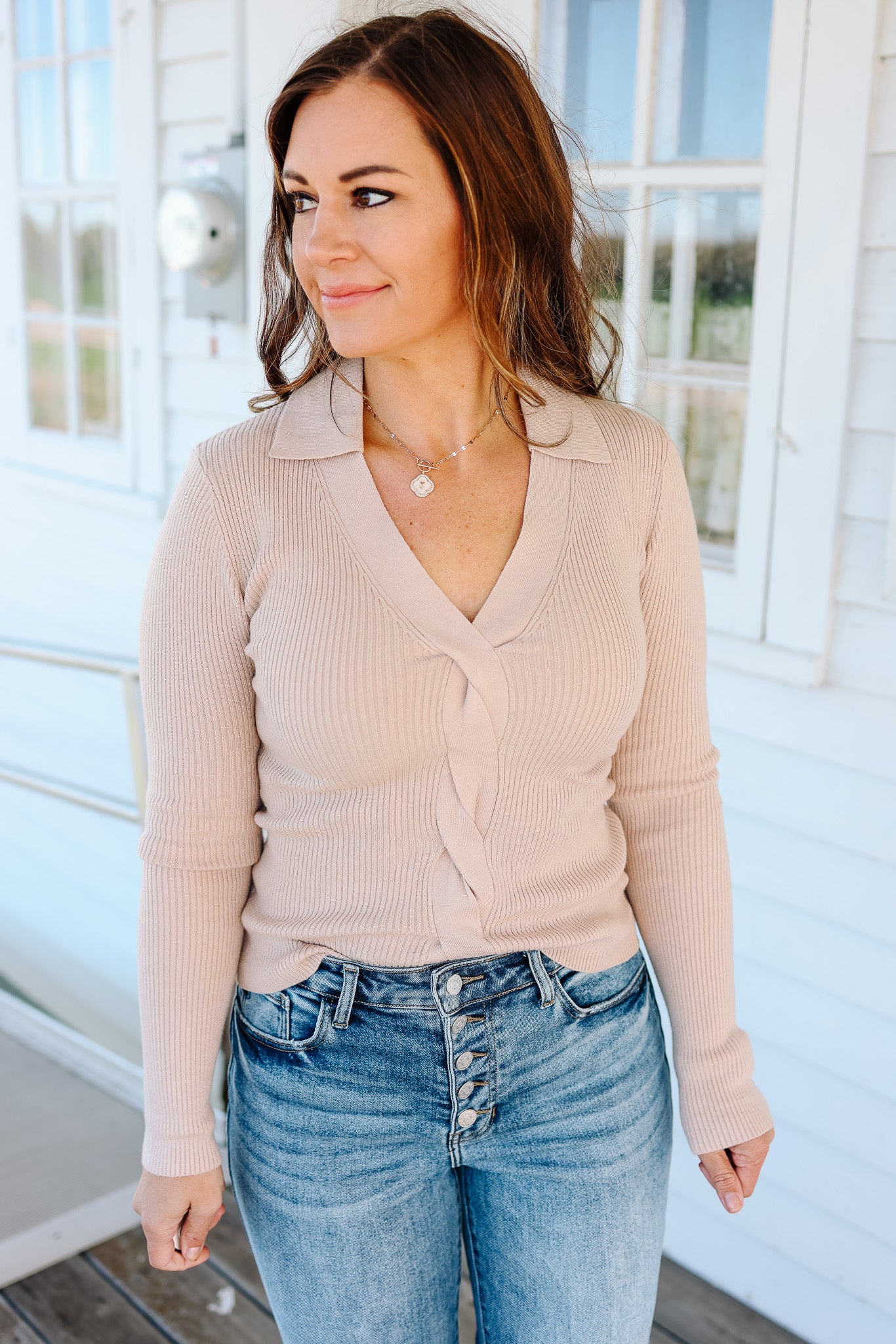 Tara Front Twist V Neck Sweater - Taupe