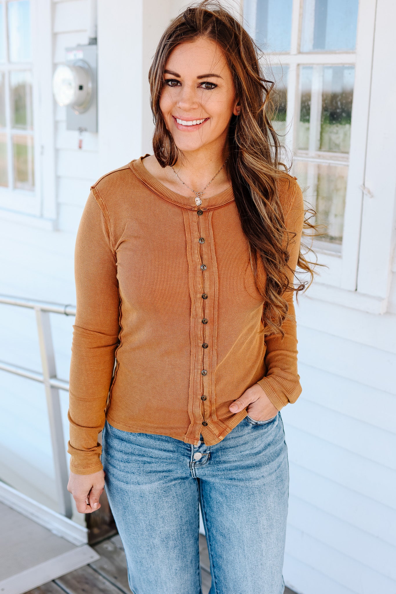 Cady Snow Wash Rib Long Sleeve - Tobacco