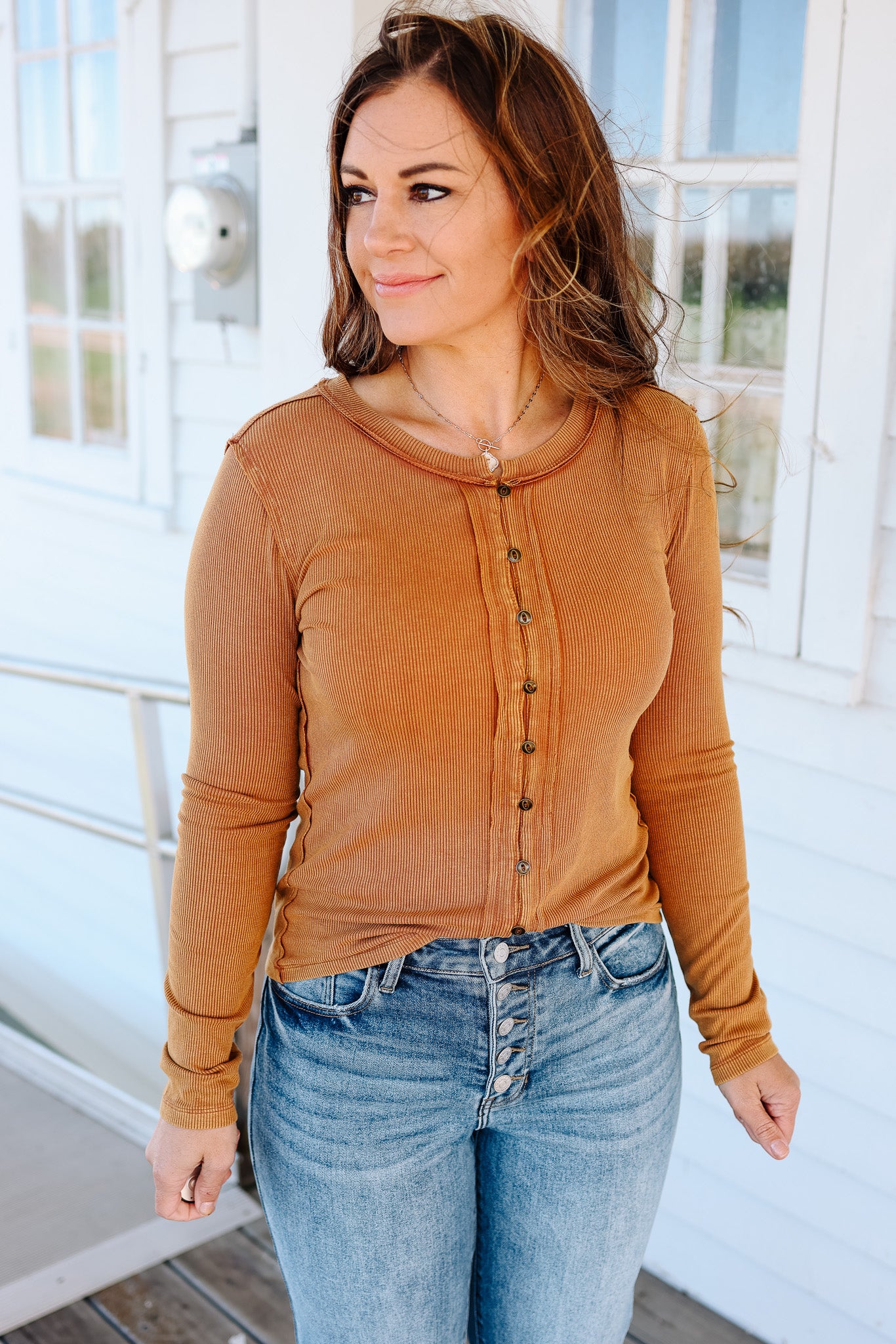 Cady Snow Wash Rib Long Sleeve - Tobacco