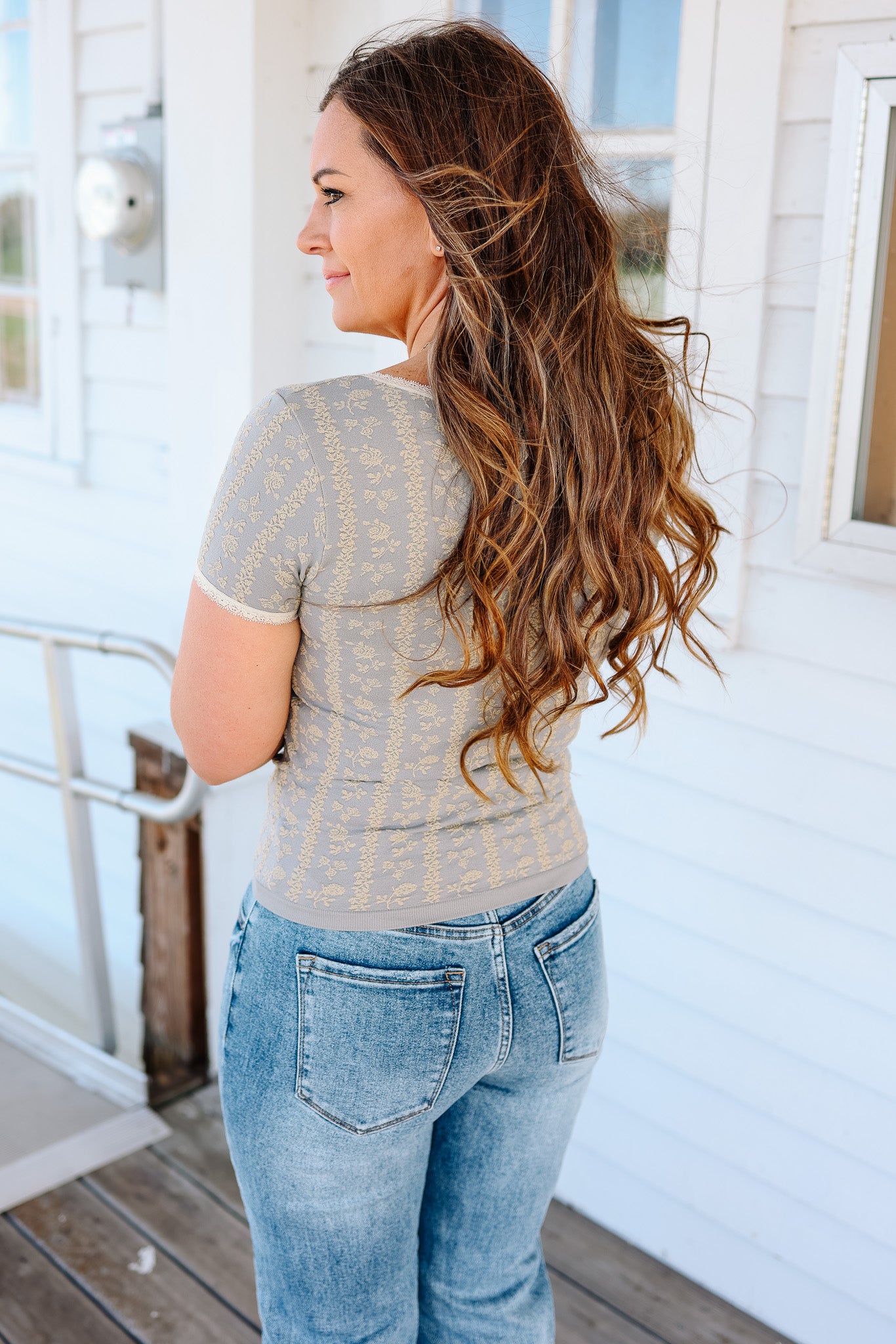 Tatum Lace Trim Floral Top - Dolphin Grey