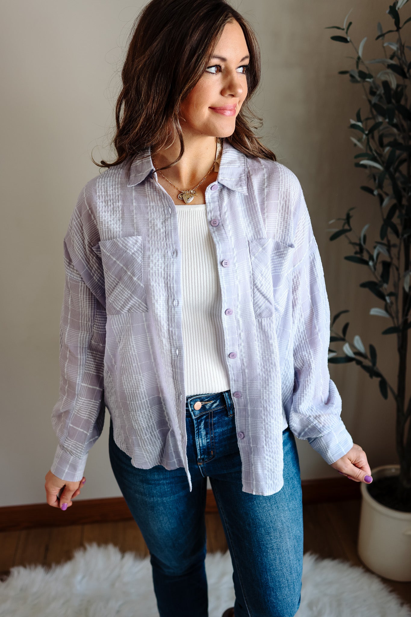 Alix Plaid Button Down - Lavender