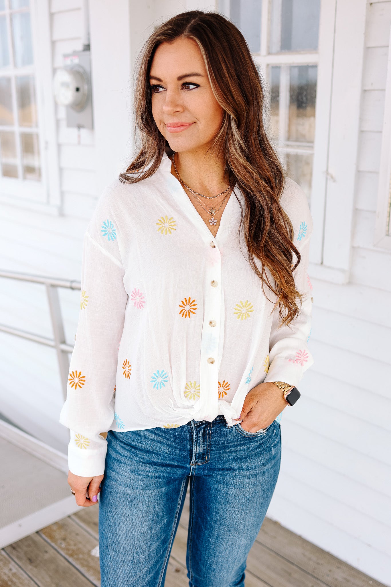 Maris Flower Embroidery Button Down Shirt