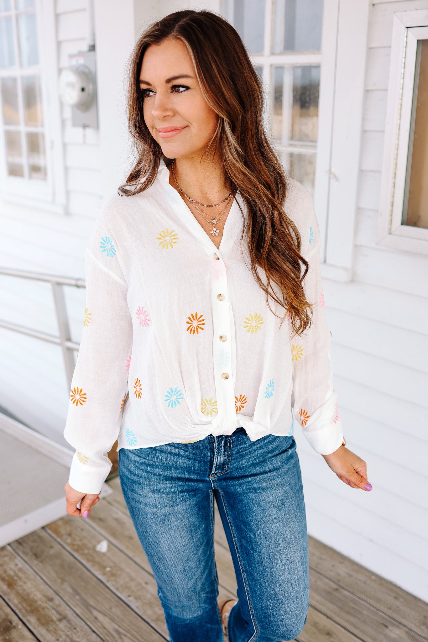 Maris Flower Embroidery Button Down Shirt