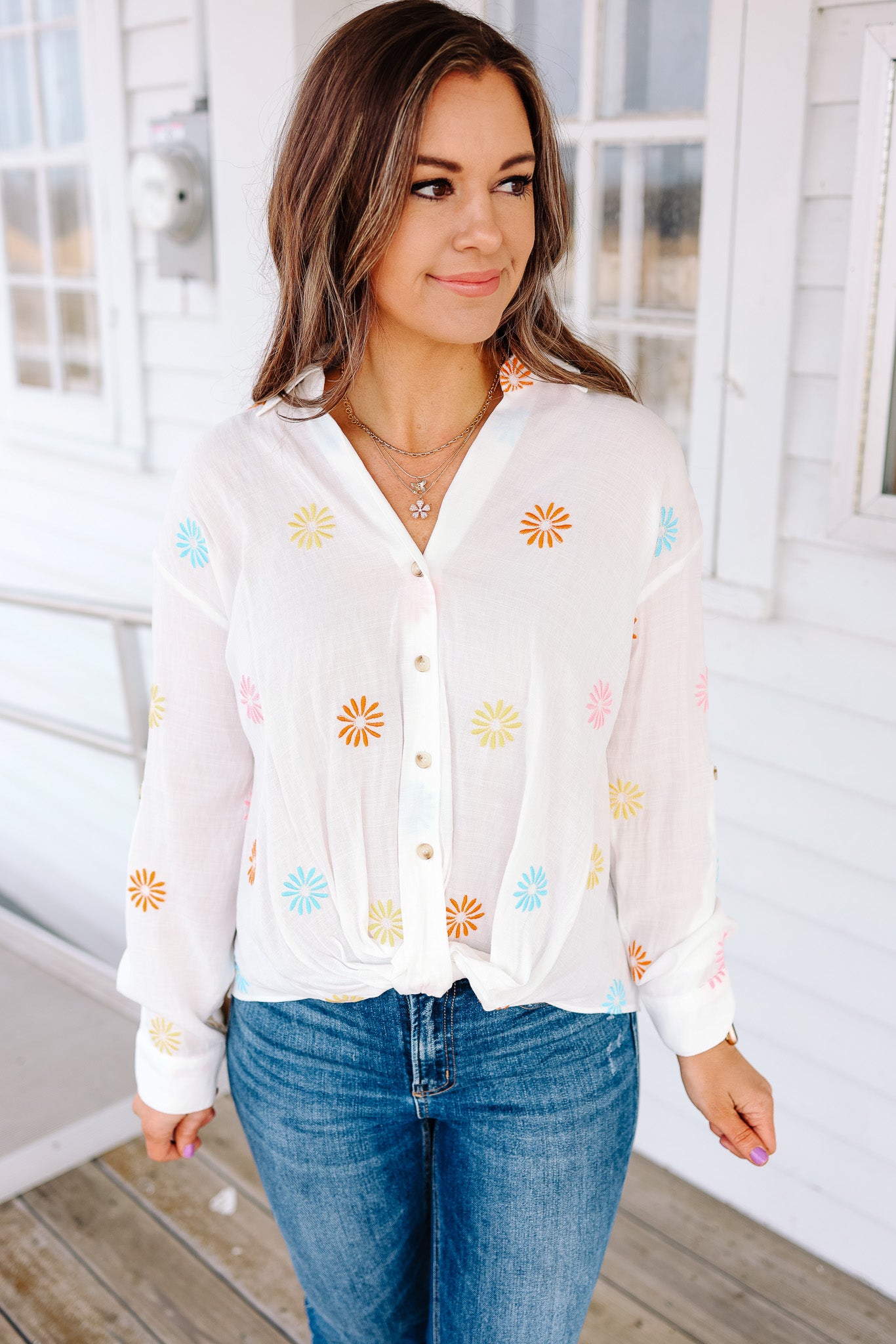 Maris Flower Embroidery Button Down Shirt