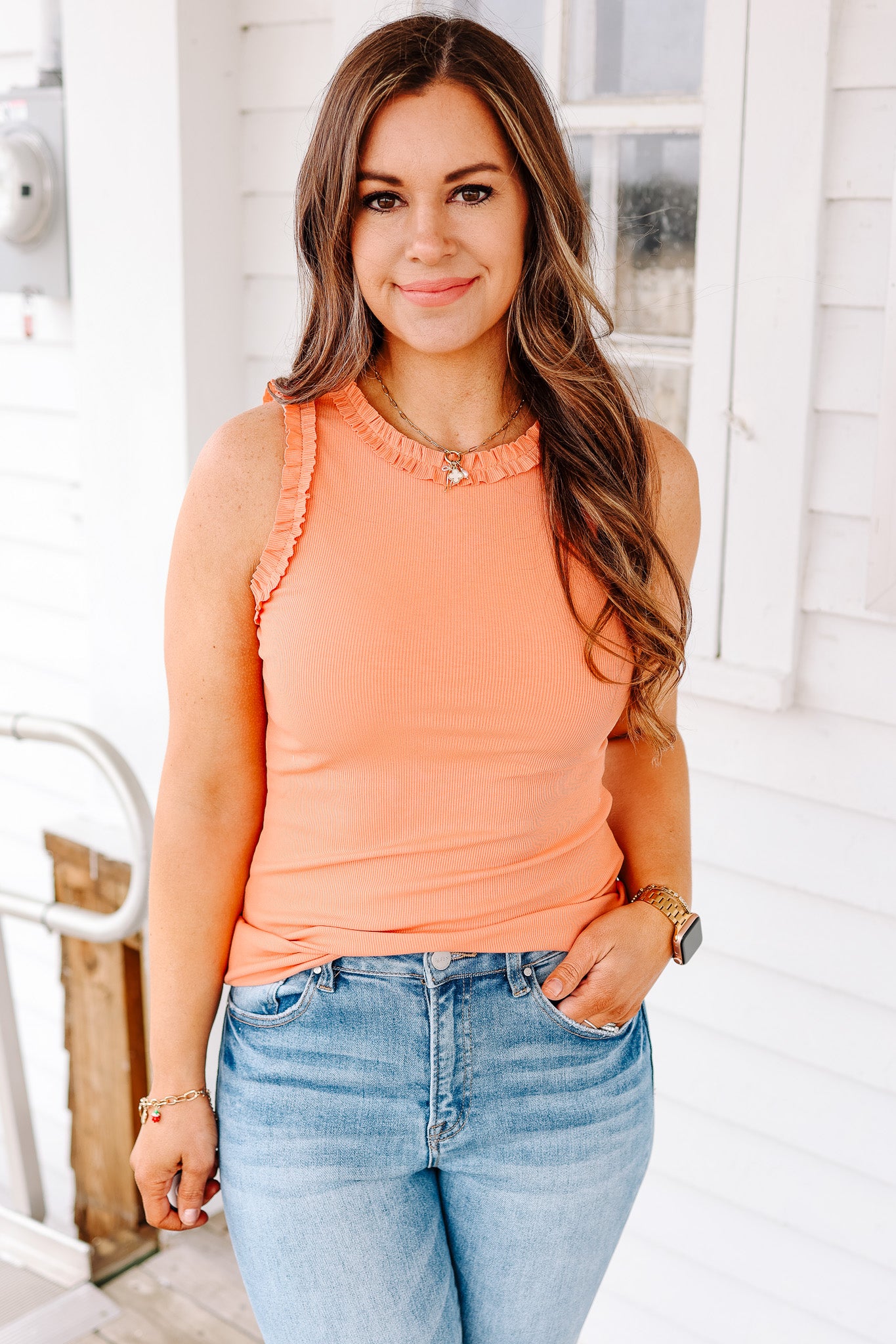 Veda Ruffle Trim Tank - Salmon