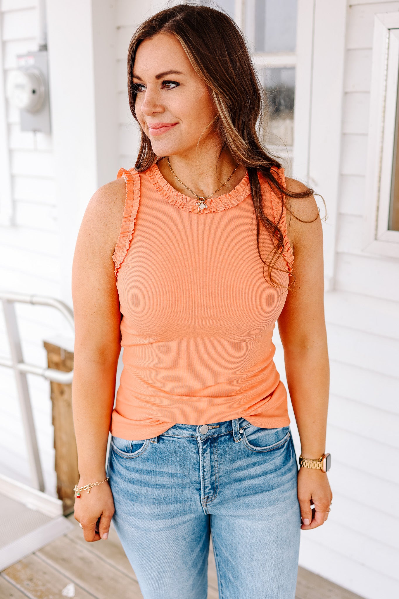 Veda Ruffle Trim Tank - Salmon