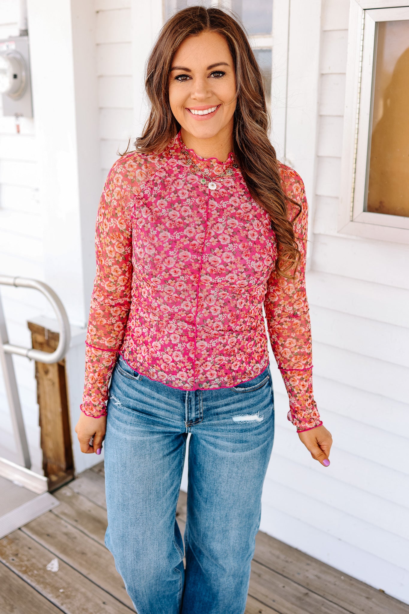 Moxie Floral Mesh Top - Fuchsia