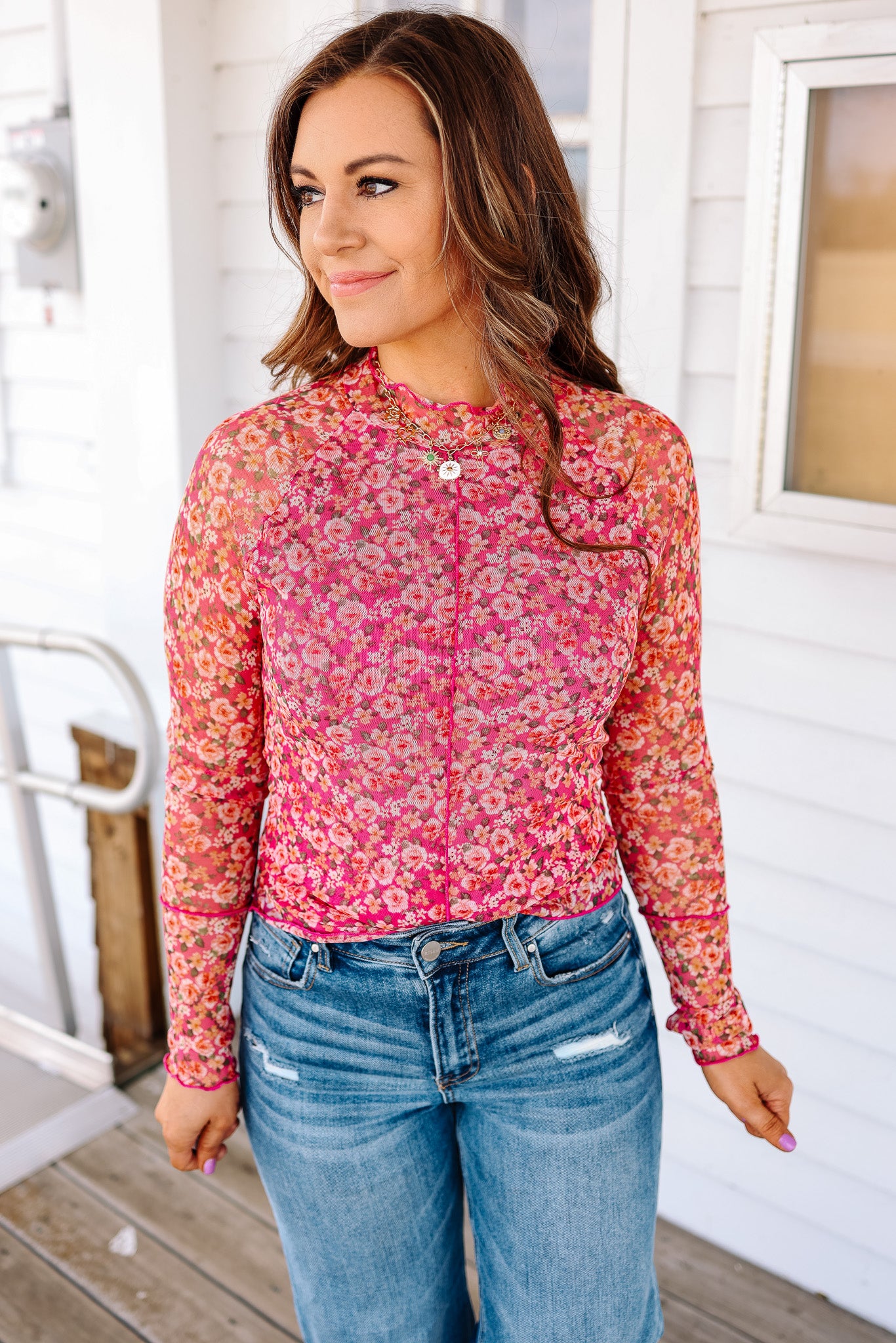 Moxie Floral Mesh Top - Fuchsia