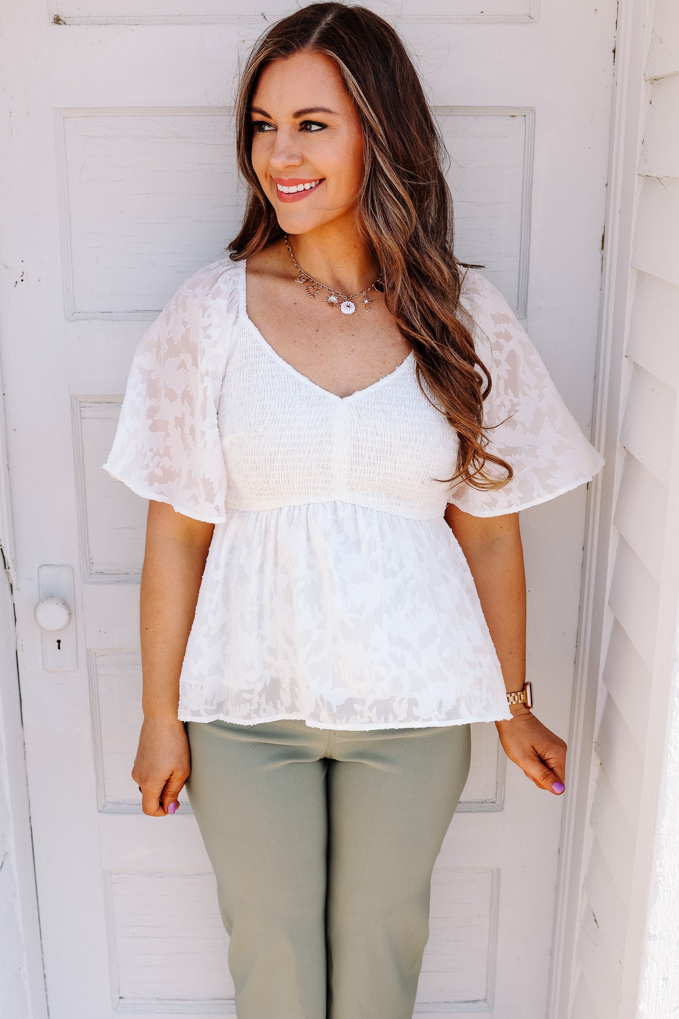 Freya Smocked Peplum Top - White