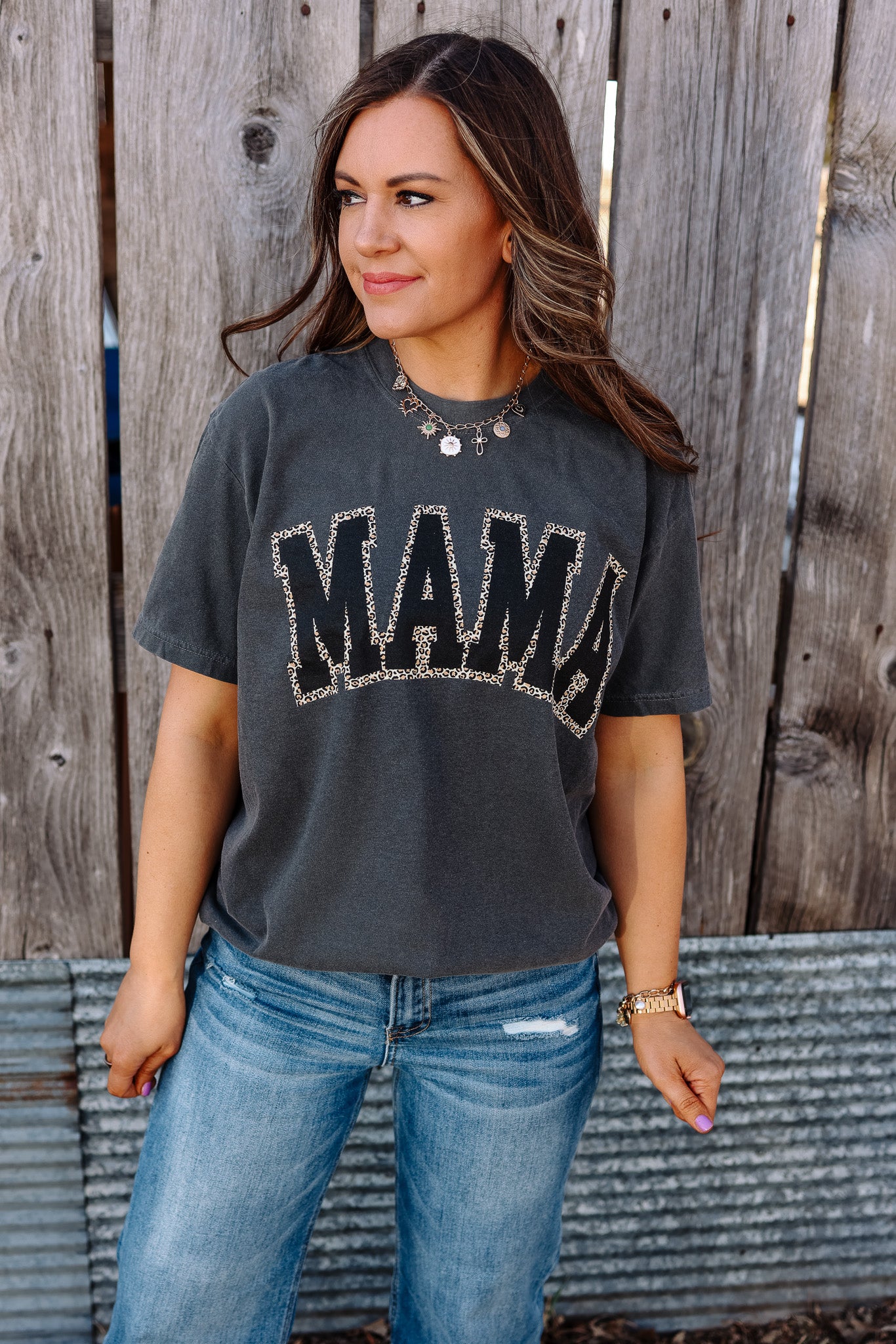 MAMA Black & Leopard Outline Graphic Tee - Pepper