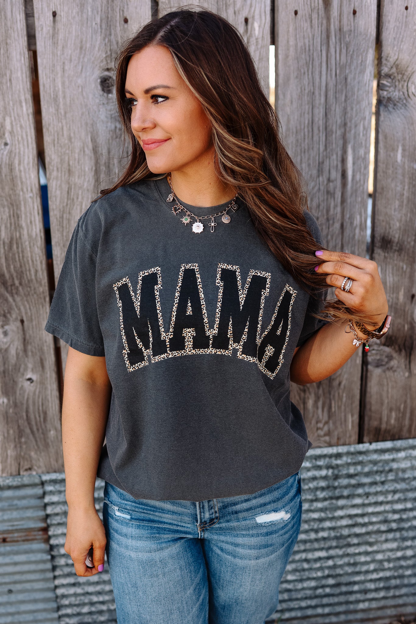 MAMA Black & Leopard Outline Graphic Tee - Pepper