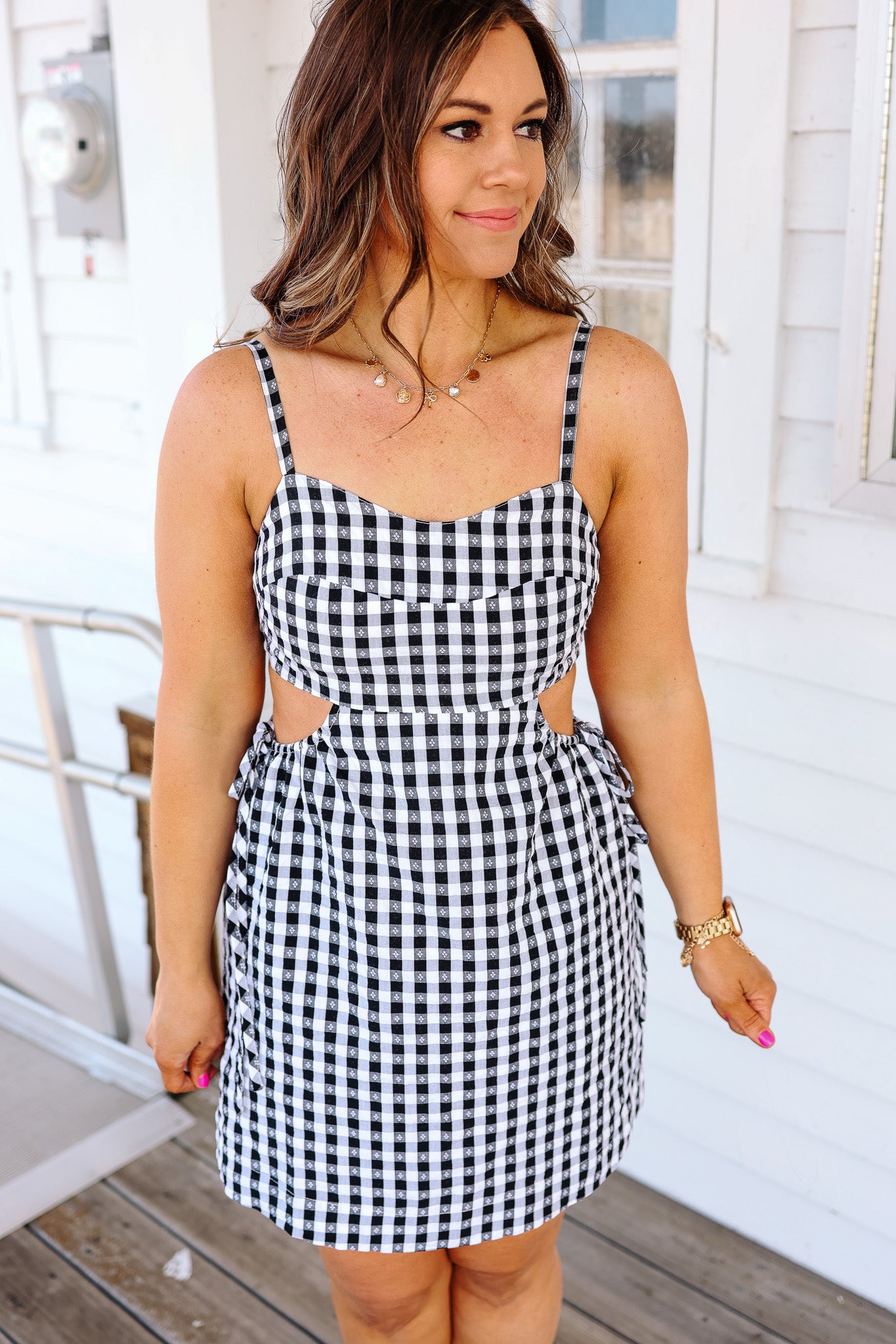 Gingham Sweetheart Neck Dress - Black