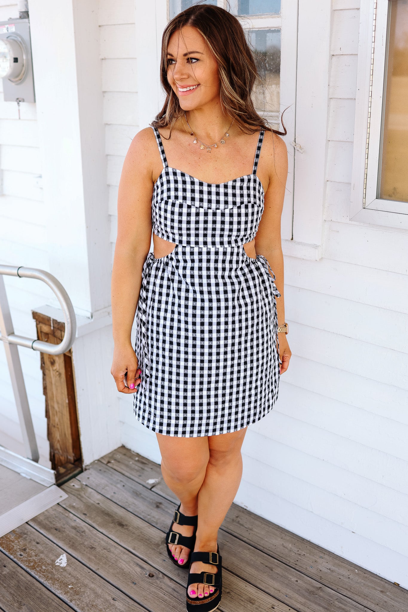 Gingham Sweetheart Neck Dress - Black