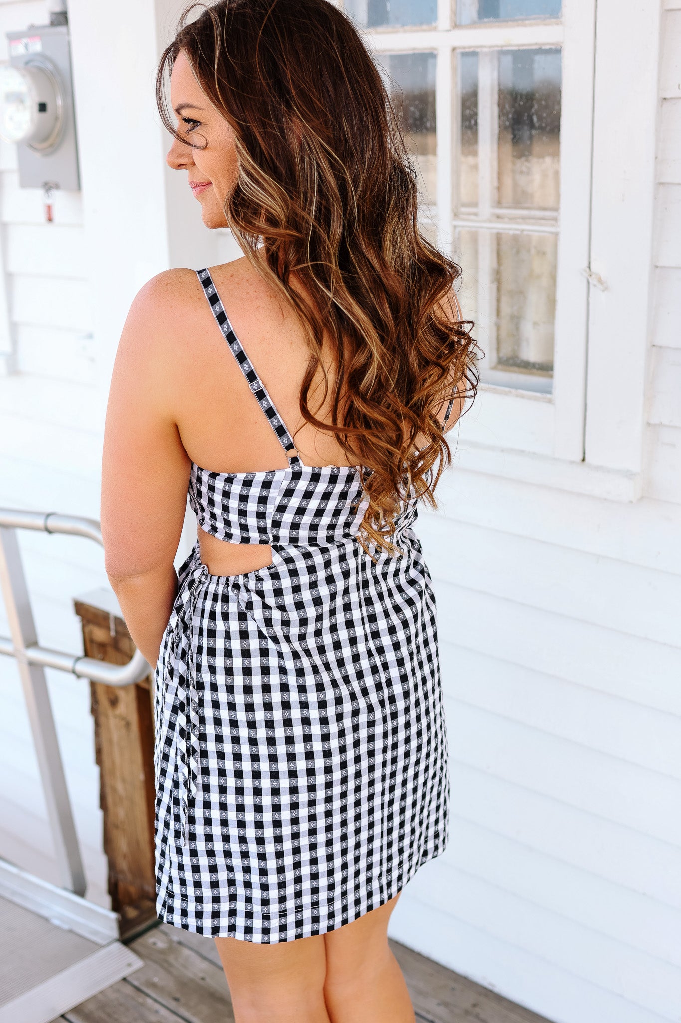 Gingham Sweetheart Neck Dress - Black