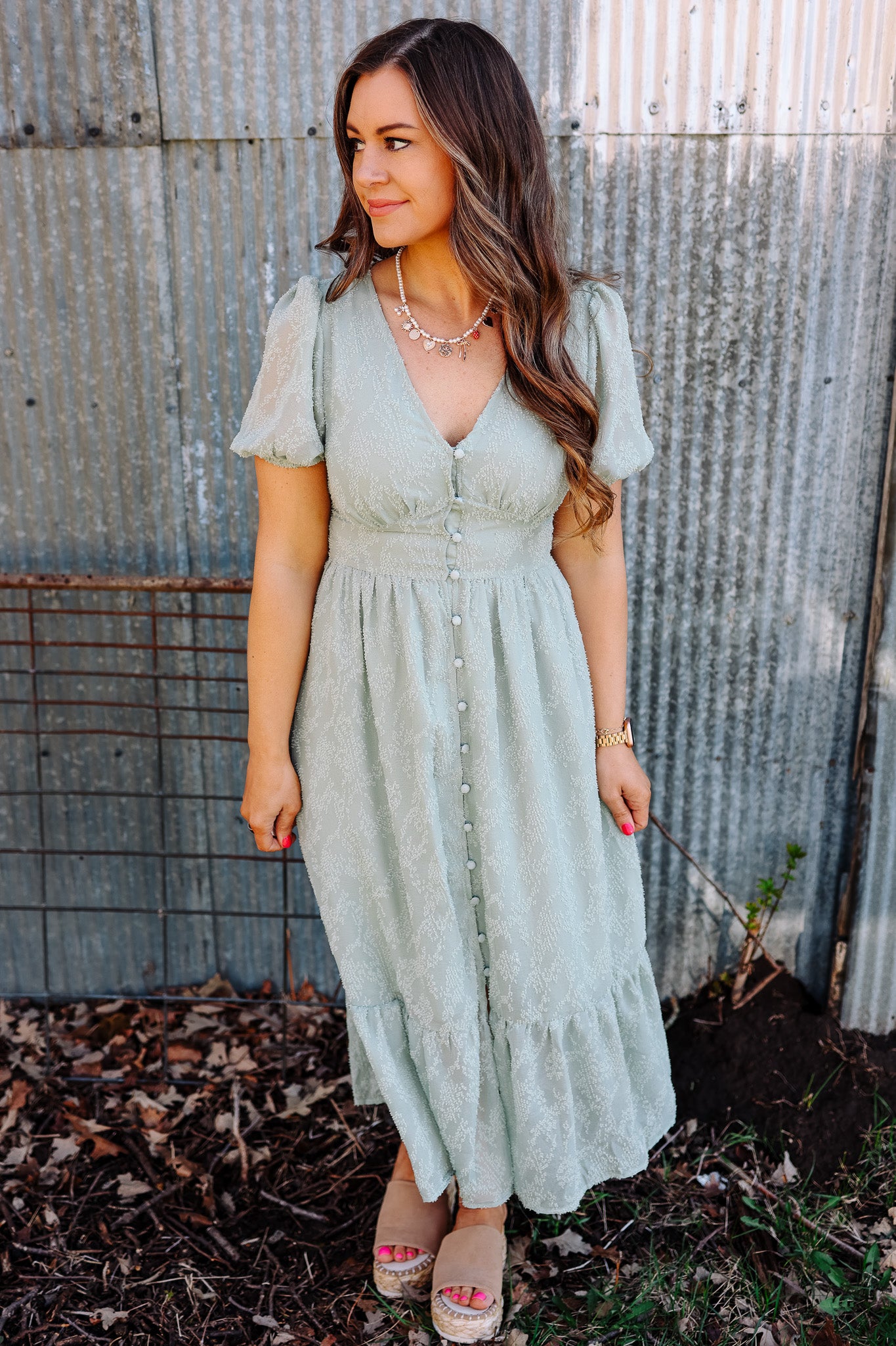 Winnie Button Down Midi Dress - Sage