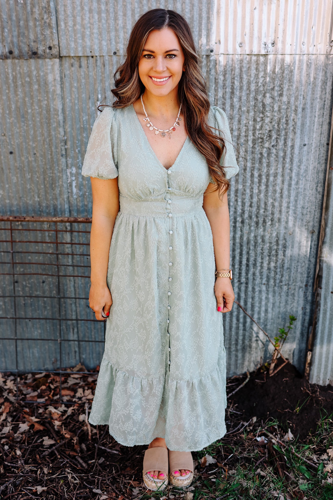 Winnie Button Down Midi Dress - Sage